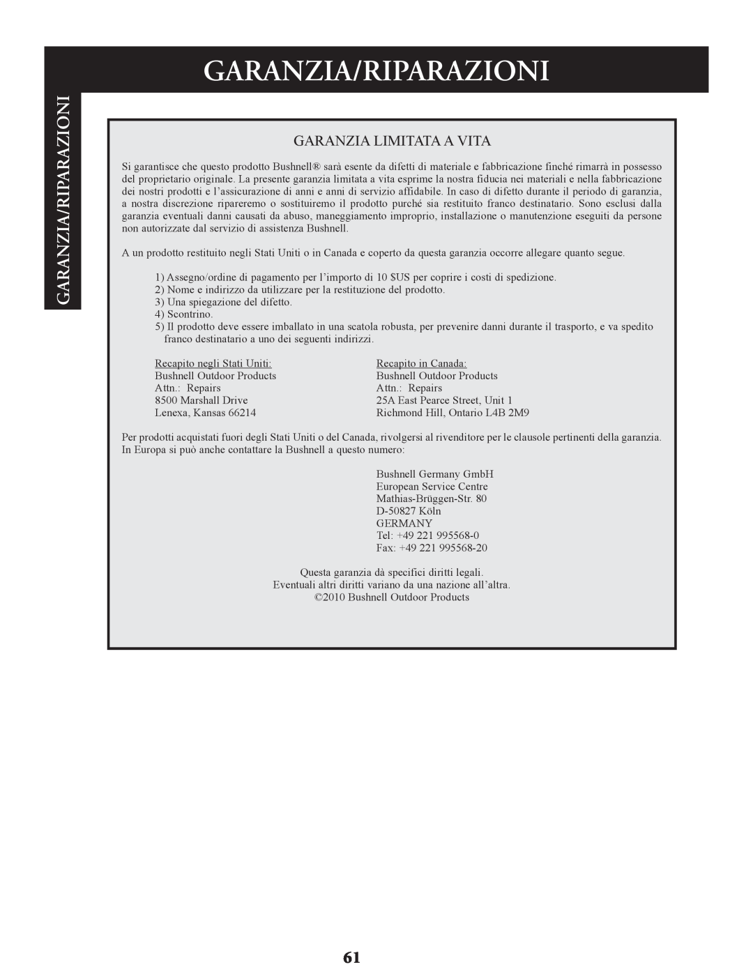 Bushnell 78-9930, 78-9945, 78-9970 instruction manual Garanzia/Riparazioni 