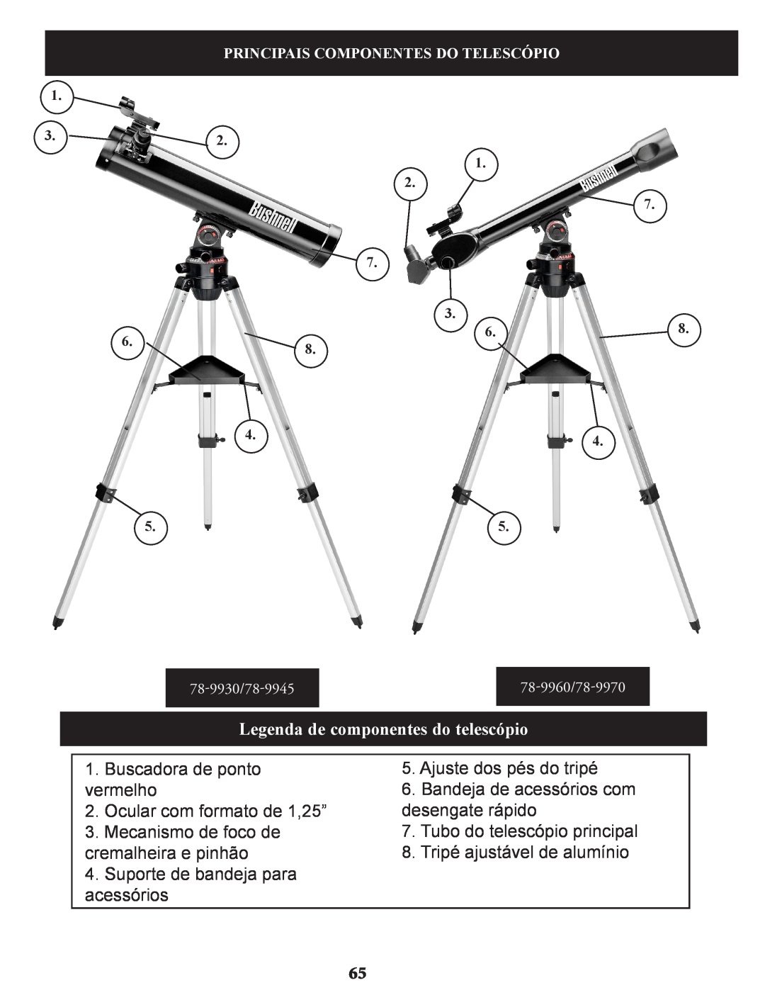 Bushnell 78-9970, 78-9945, 78-9930 instruction manual Legenda de componentes do telescópio 