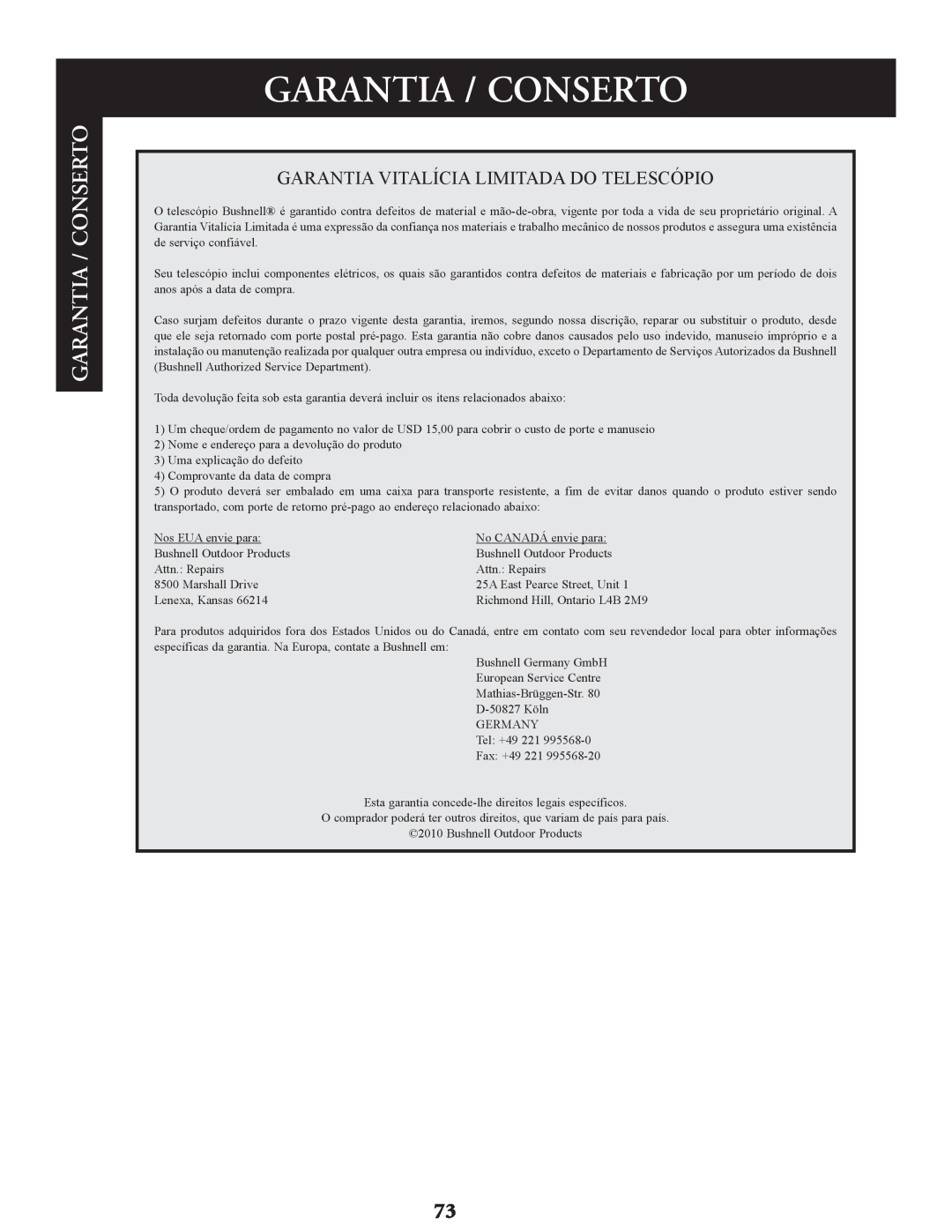 Bushnell 78-9930, 78-9945, 78-9970 instruction manual Garantia / Conserto 