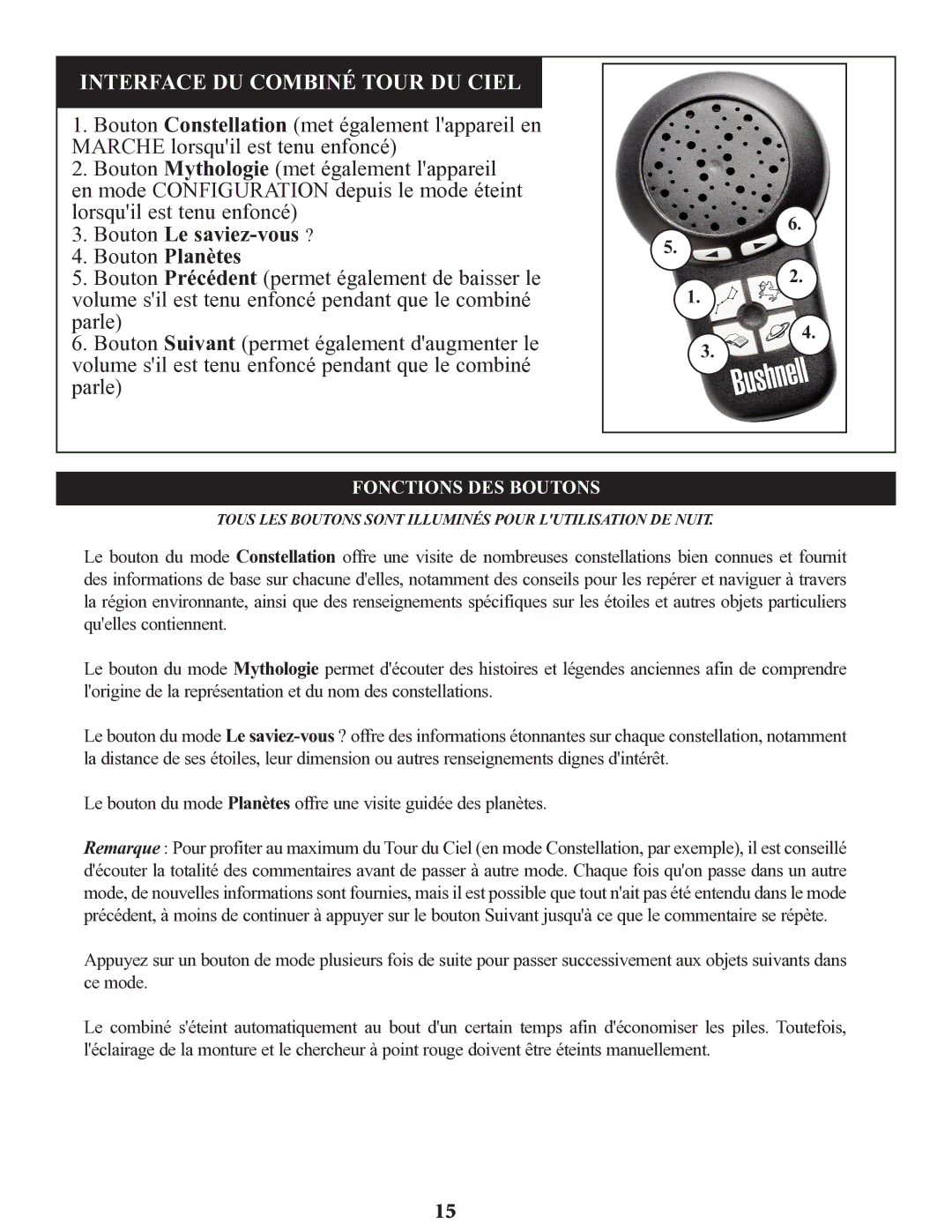 Bushnell 78-9945, 78-9930, 78-9970 instruction manual Interface DU Combiné Tour DU Ciel, Fonctions DES Boutons 