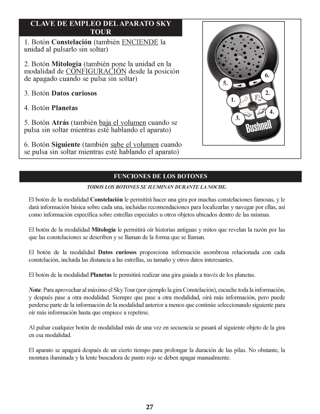 Bushnell 78-9945, 78-9930, 78-9970 instruction manual Clave DE Empleo DEL Aparato SKY Tour, Funciones DE LOS Botones 