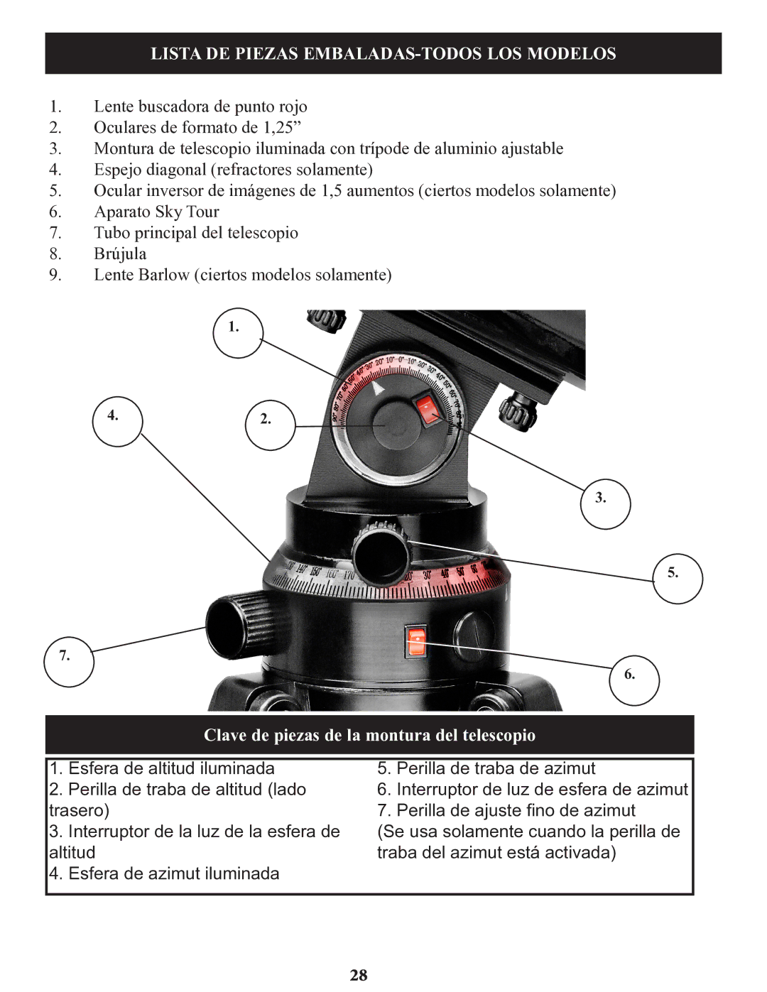 Bushnell 78-9930, 78-9945 Lista DE Piezas EMBALADAS-TODOS LOS Modelos, Clave de piezas de la montura del telescopio 