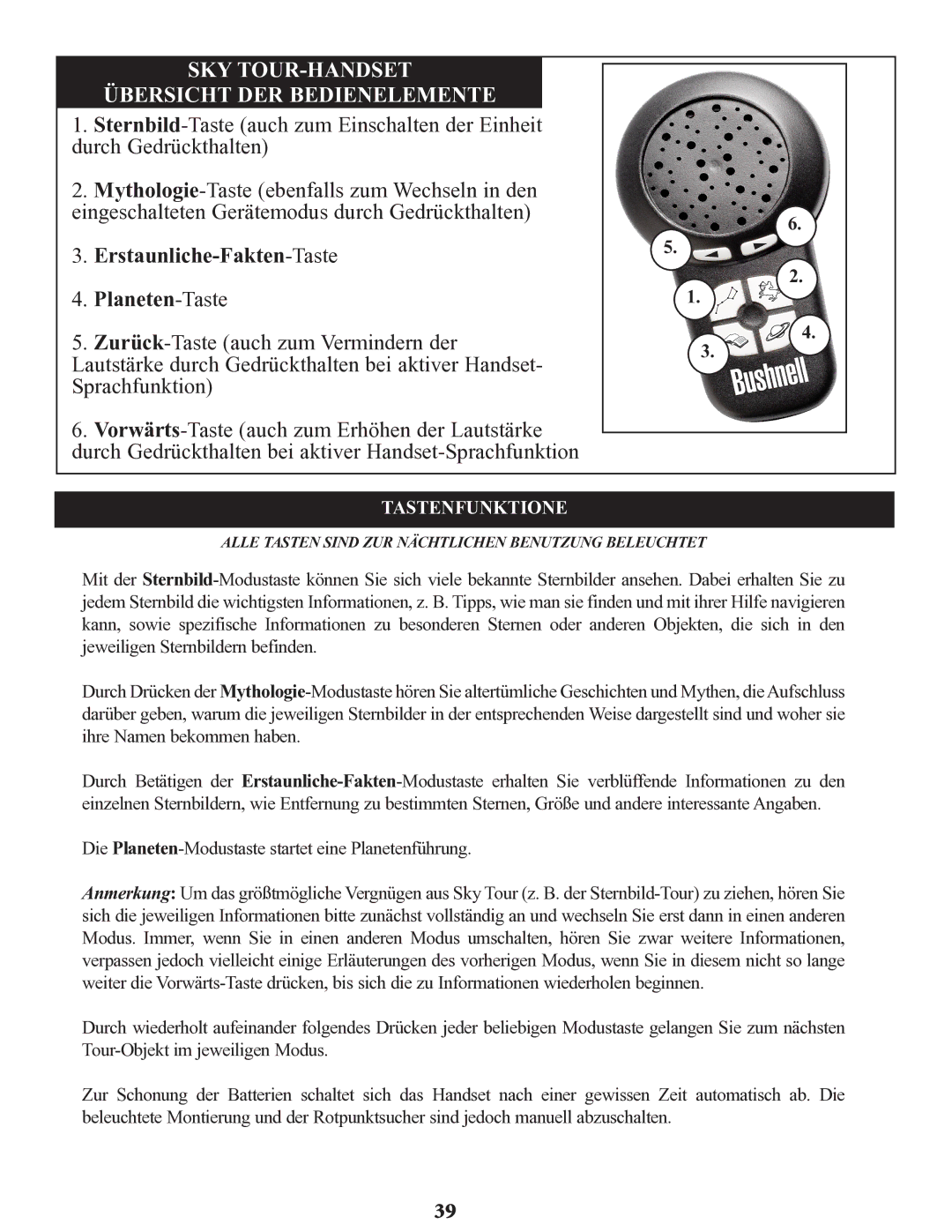 Bushnell 78-9945, 78-9930, 78-9970 instruction manual SKY TOUR-HANDSET Übersicht DER Bedienelemente, Tastenfunktione 