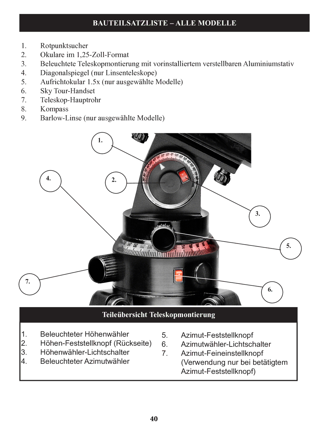 Bushnell 78-9930, 78-9945, 78-9970 instruction manual Bauteilsatzliste Alle Modelle, Teileübersicht Teleskopmontierung 