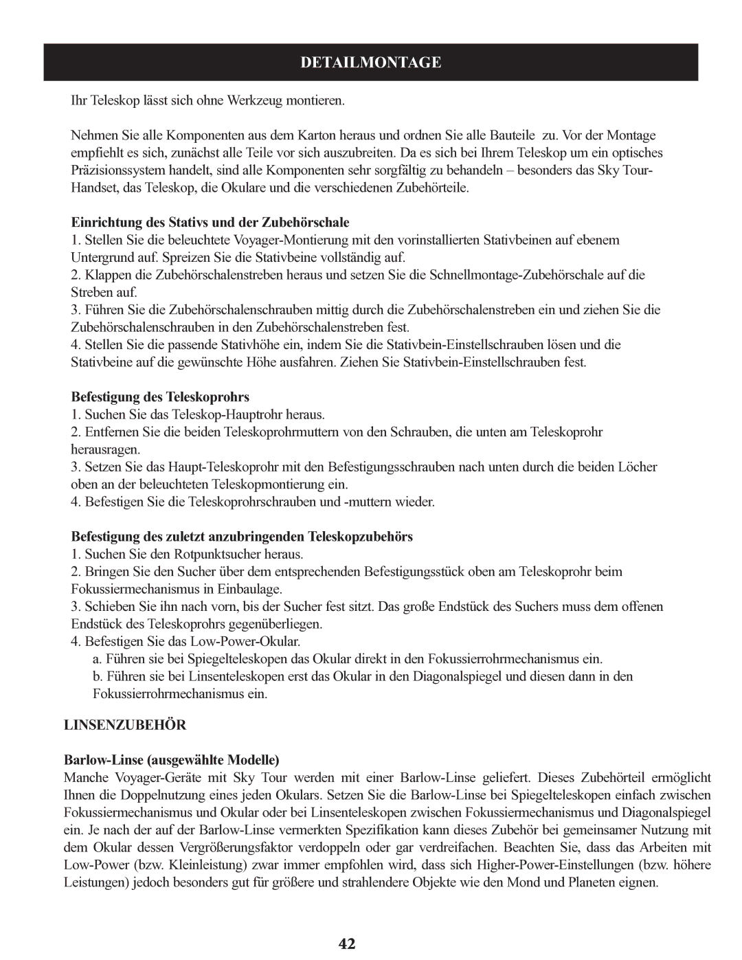 Bushnell 78-9945, 78-9930 Detailmontage­, Einrichtung des Stativs und der Zubehörschale, Befestigung des Teleskoprohrs 