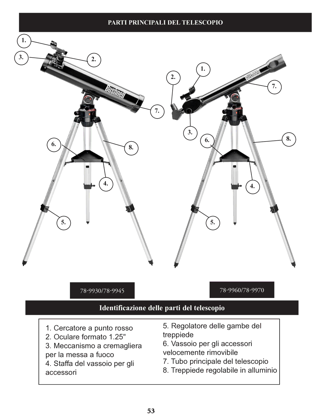 Bushnell 78-9970, 78-9945, 78-9930 instruction manual Identificazione delle parti del telescopio 