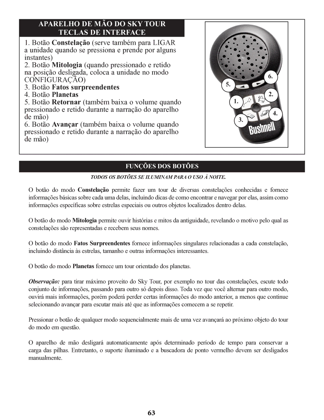 Bushnell 78-9945, 78-9930, 78-9970 instruction manual Aparelho DE MÃO do SKY Tour Teclas DE Interface, Funções DOS Botões 