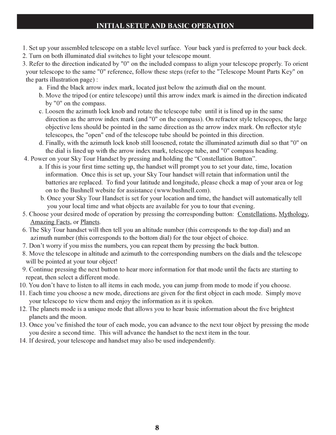 Bushnell 78-9970, 78-9945, 78-9930 instruction manual Initial setup and basic operation 