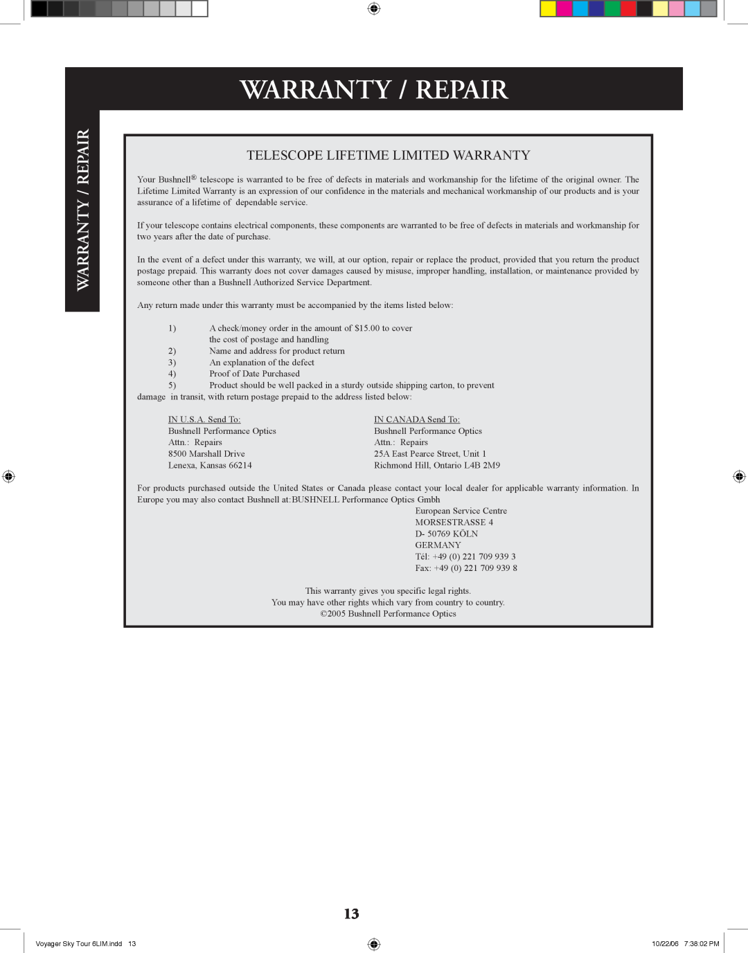 Bushnell 78-9960 instruction manual Warranty / Repair 
