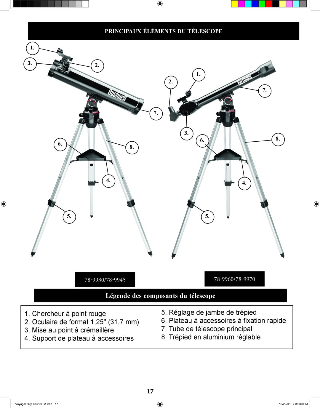 Bushnell 78-9960 instruction manual Légende des composants du télescope 