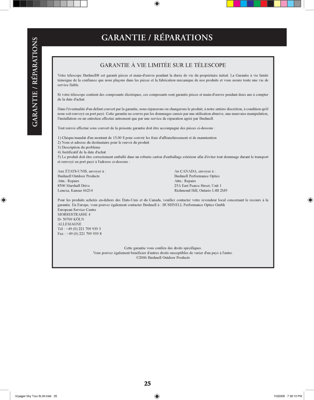 Bushnell 78-9960 instruction manual Garantie / Réparations 