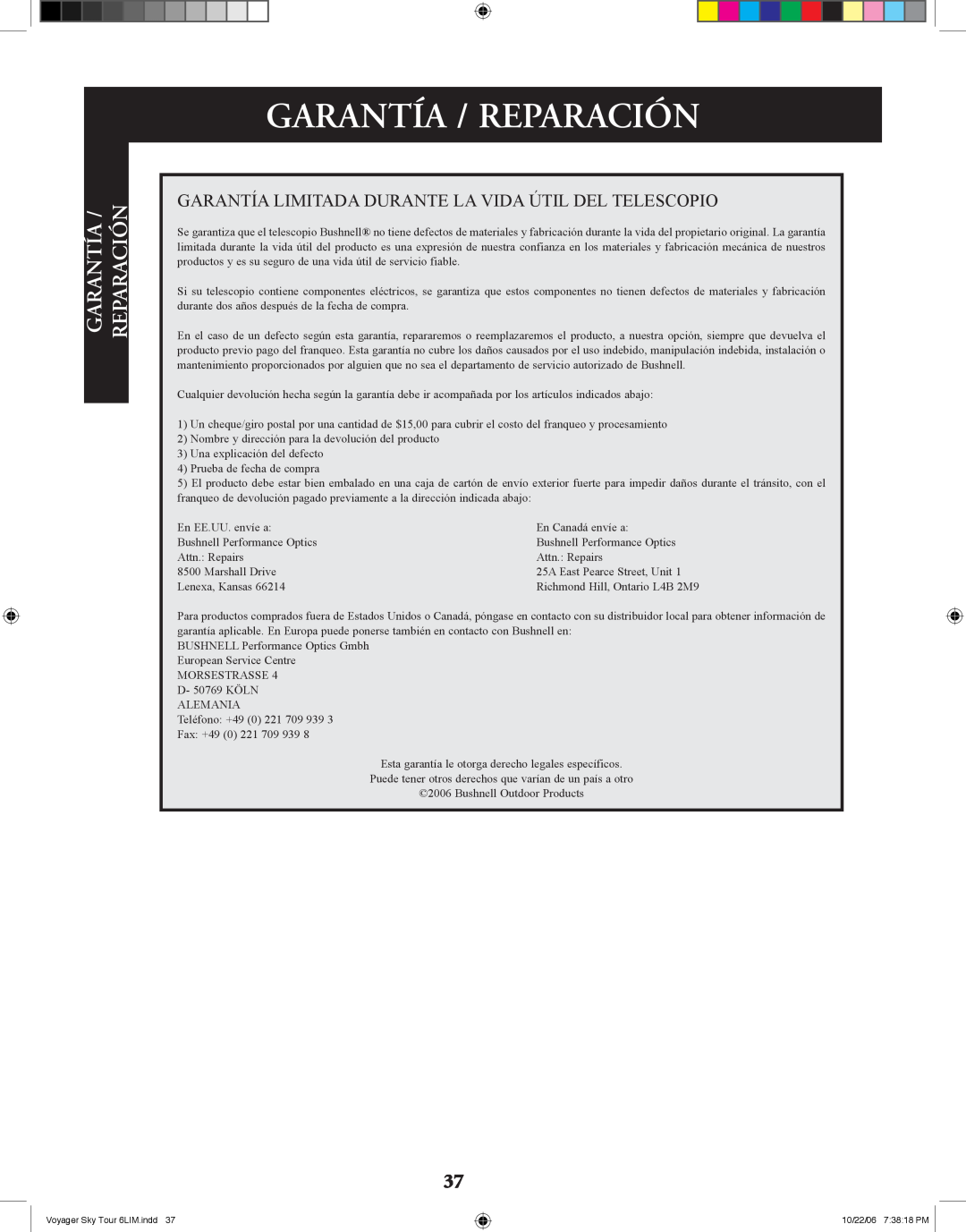 Bushnell 78-9960 instruction manual Garantía / Reparación 