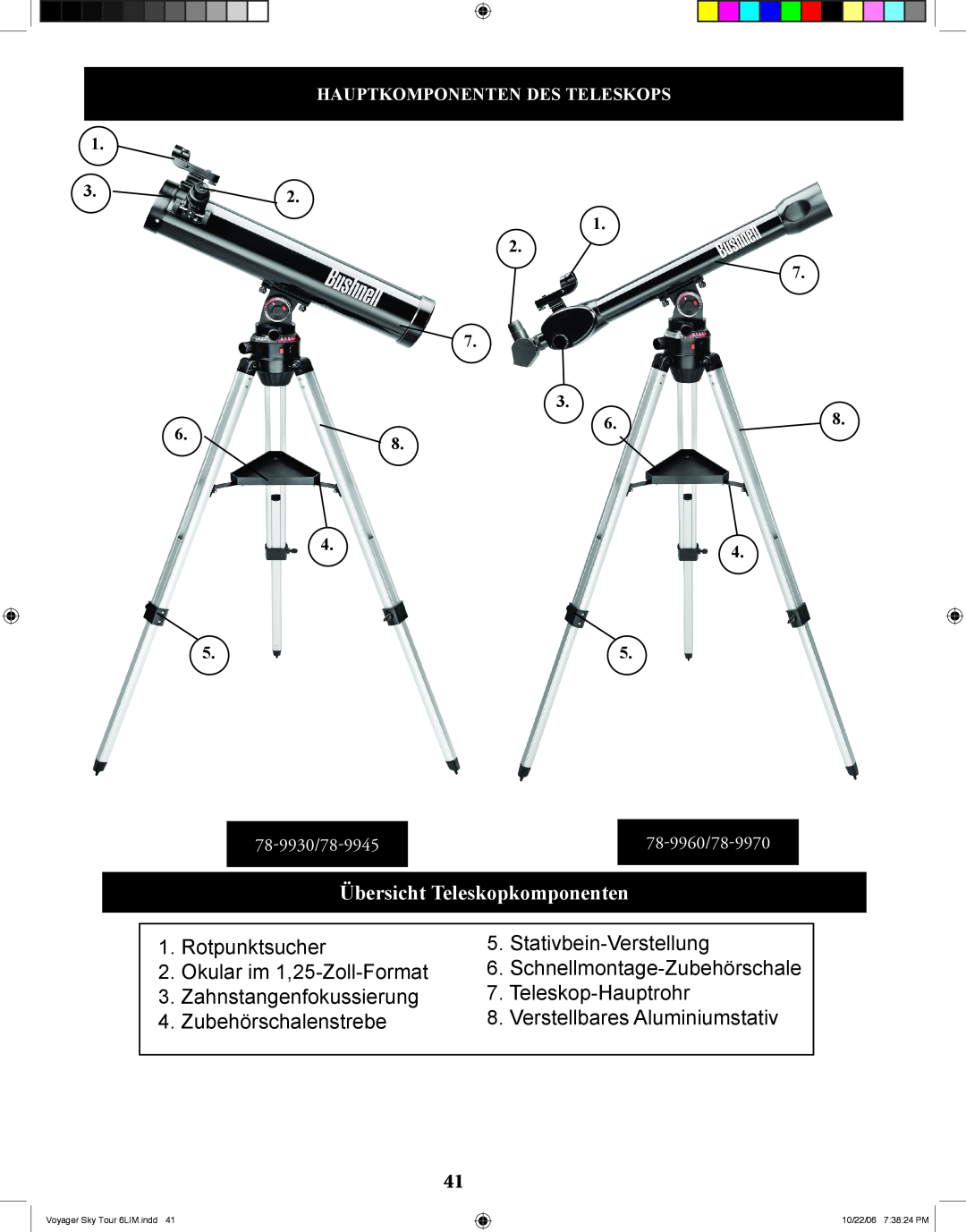 Bushnell 78-9960 instruction manual Übersicht Teleskopkomponenten 