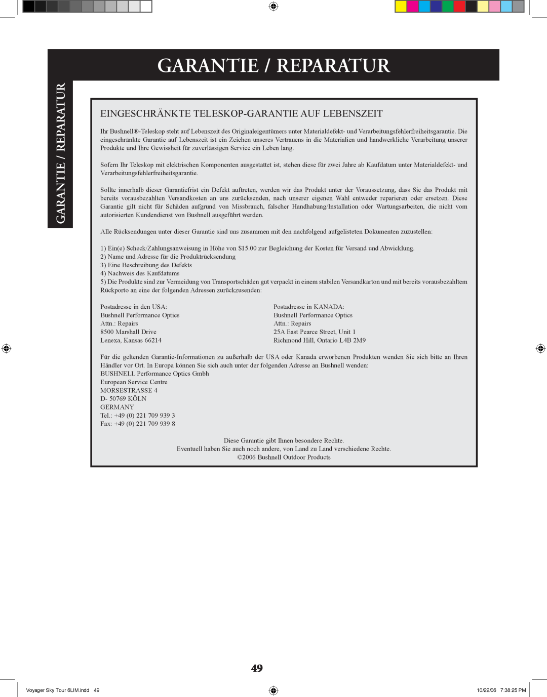 Bushnell 78-9960 instruction manual Garantie / Reparatur 