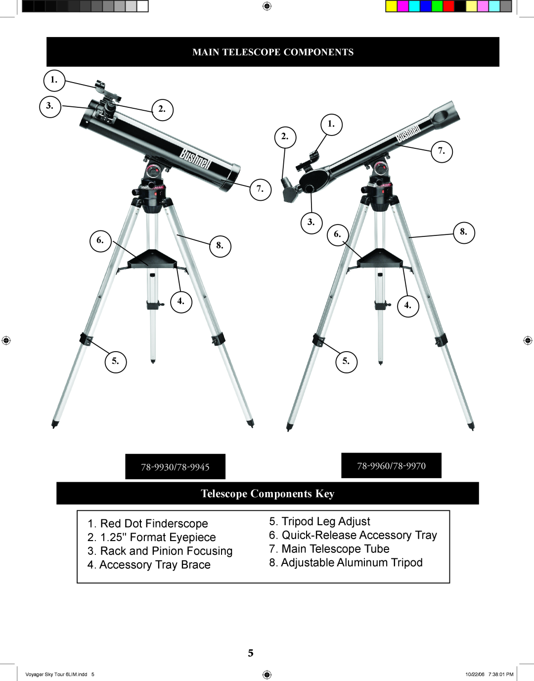 Bushnell 78-9960 instruction manual Telescope Components Key 