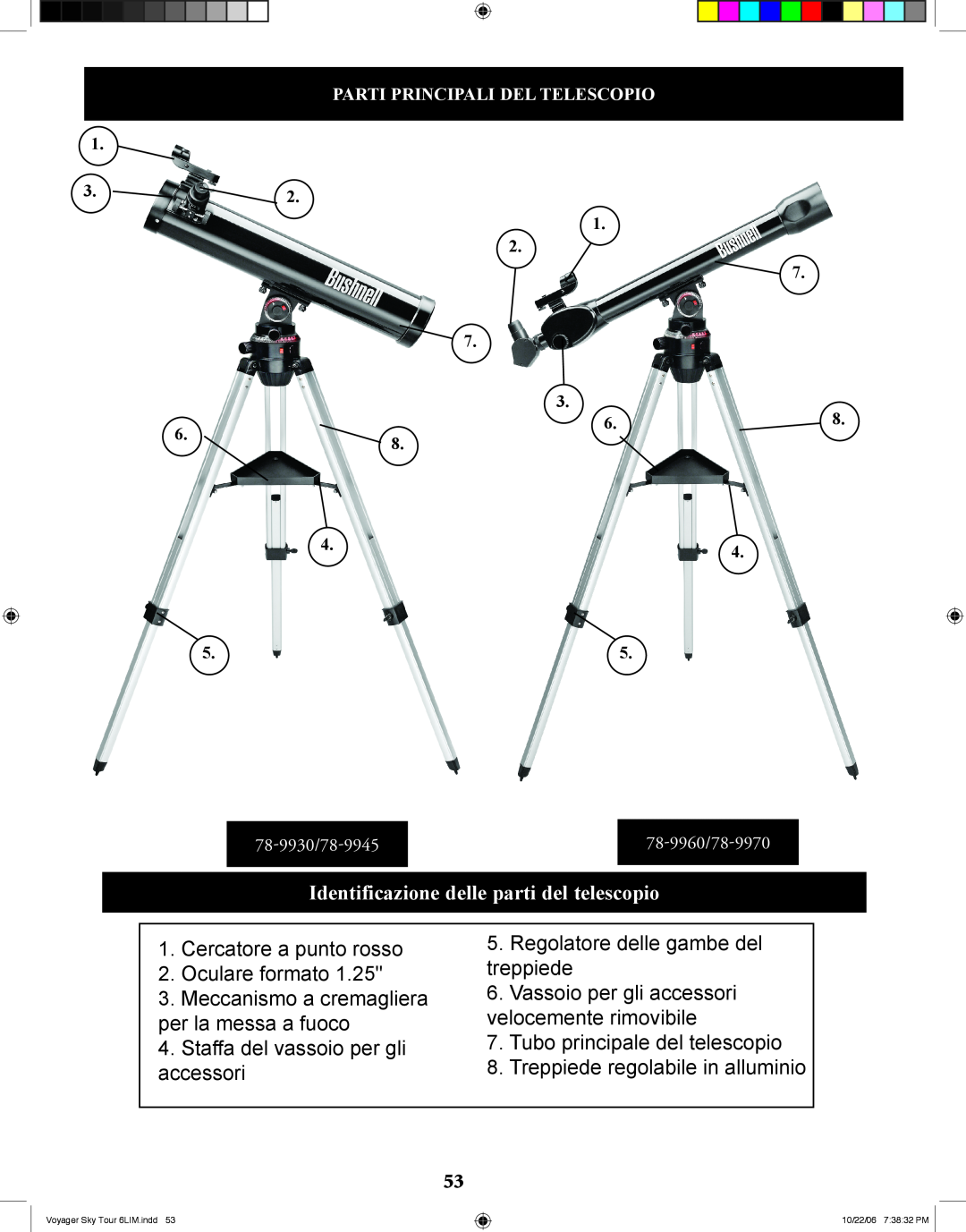 Bushnell 78-9960 instruction manual Identificazione delle parti del telescopio 