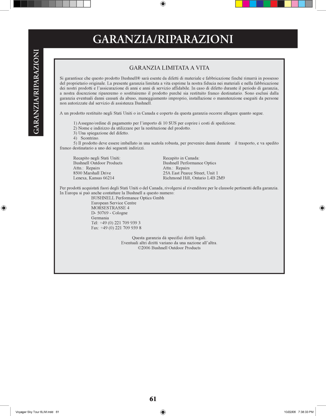 Bushnell 78-9960 instruction manual Garanzia/Riparazioni 