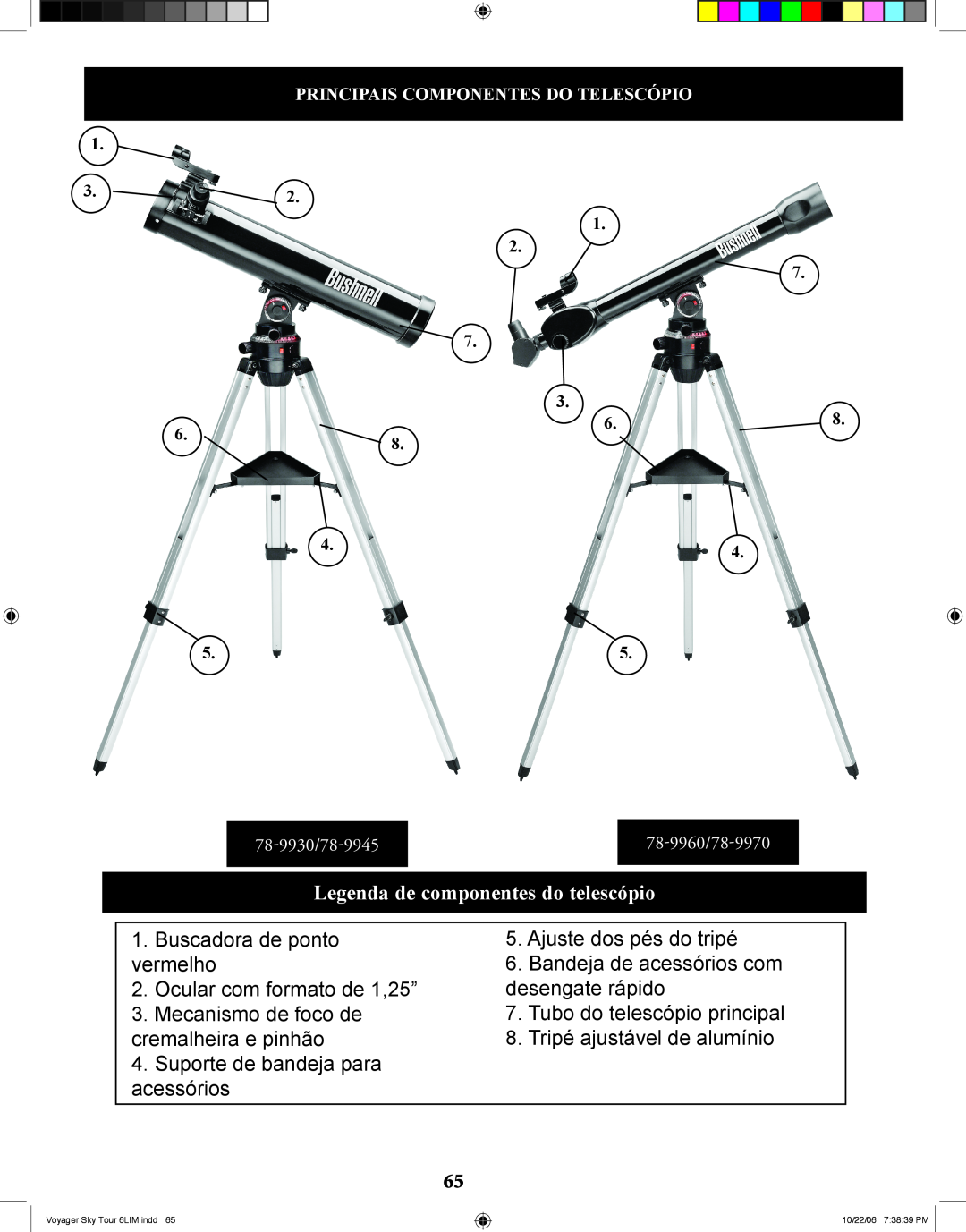 Bushnell 78-9960 instruction manual Legenda de componentes do telescópio 