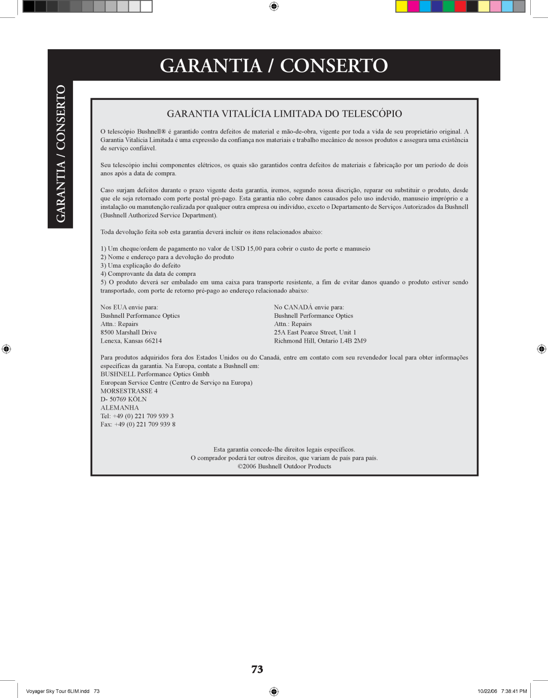 Bushnell 78-9960 instruction manual Garantia / Conserto 