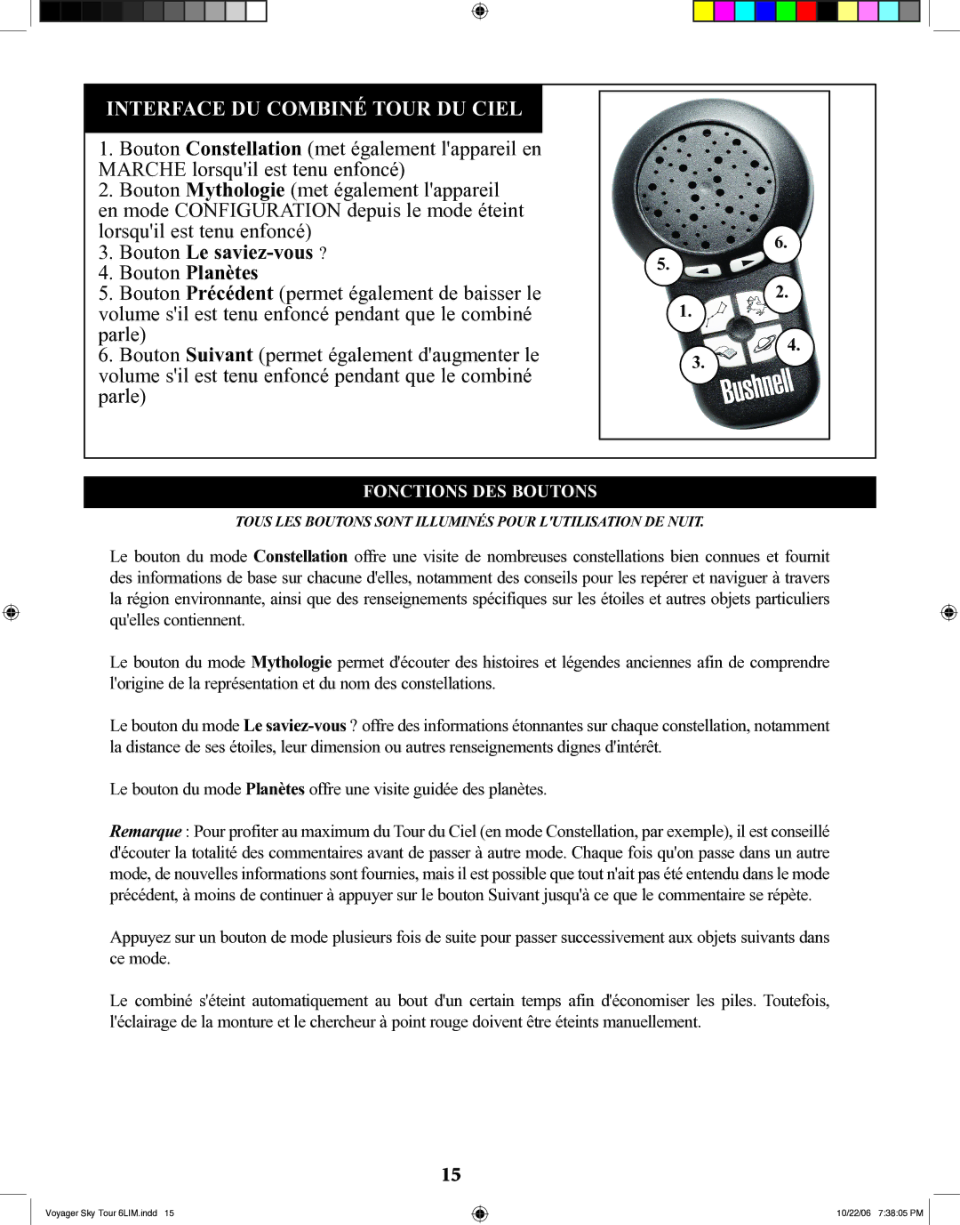 Bushnell 78-9960 instruction manual Interface DU Combiné Tour DU Ciel, Fonctions DES Boutons 