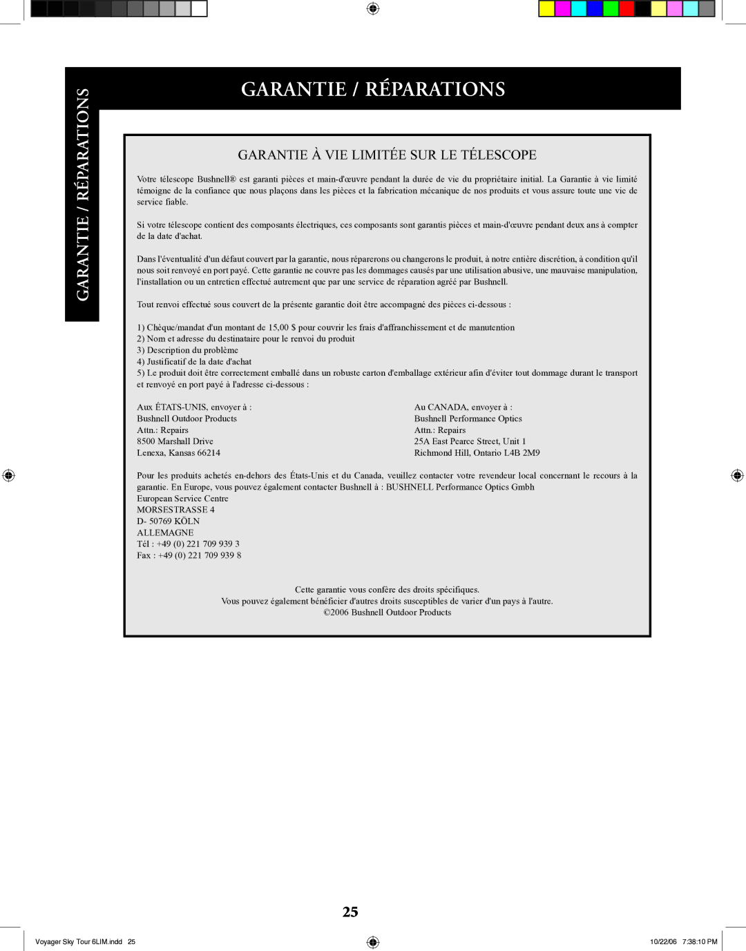 Bushnell 78-9960 instruction manual Garantie / Réparations 