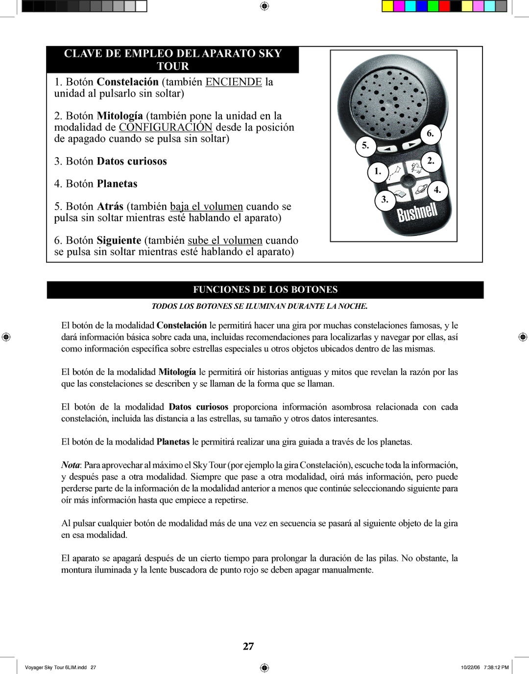 Bushnell 78-9960 instruction manual Clave DE Empleo DEL Aparato SKY Tour, Funciones DE LOS Botones 