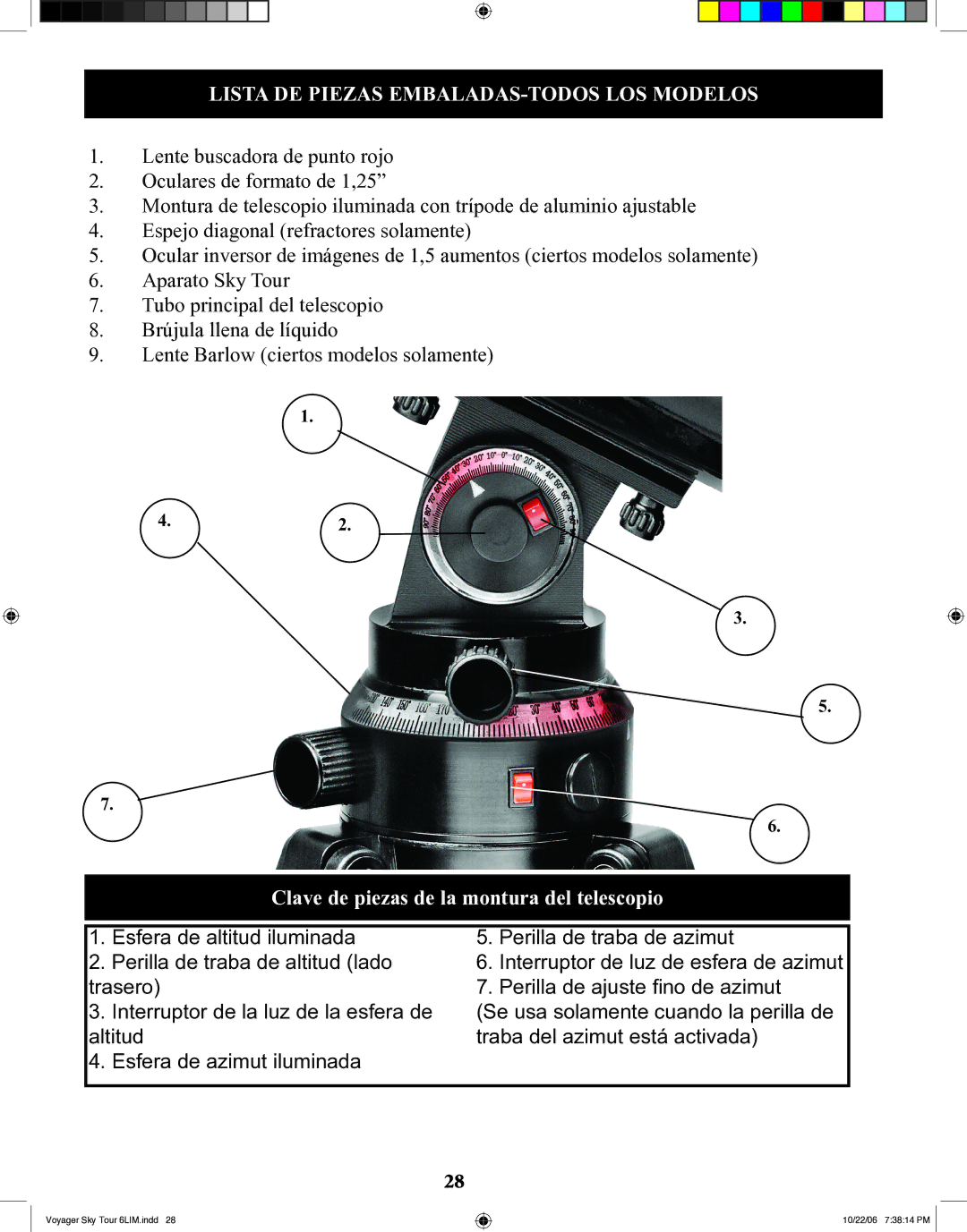 Bushnell 78-9960 Lista DE Piezas EMBALADAS-TODOS LOS Modelos, Clave de piezas de la montura del telescopio 