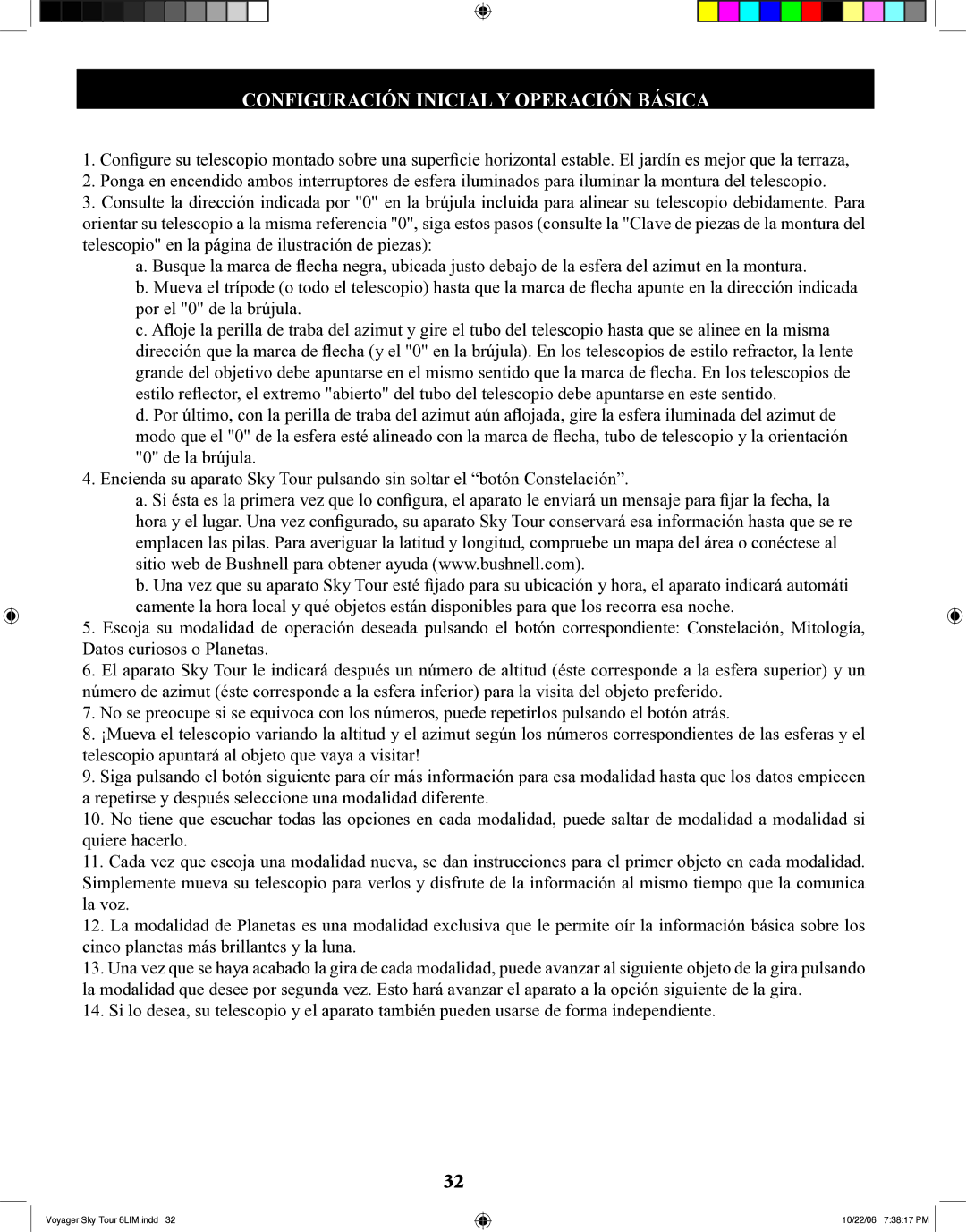 Bushnell 78-9960 instruction manual Configuración Inicial Y Operación Básica 