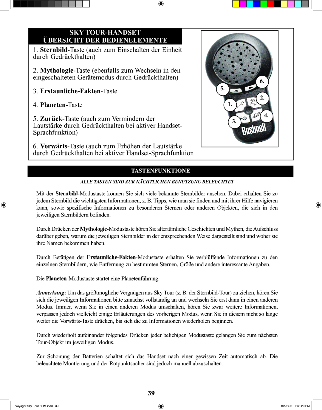 Bushnell 78-9960 instruction manual SKY TOUR-HANDSET Übersicht DER Bedienelemente, Tastenfunktione 