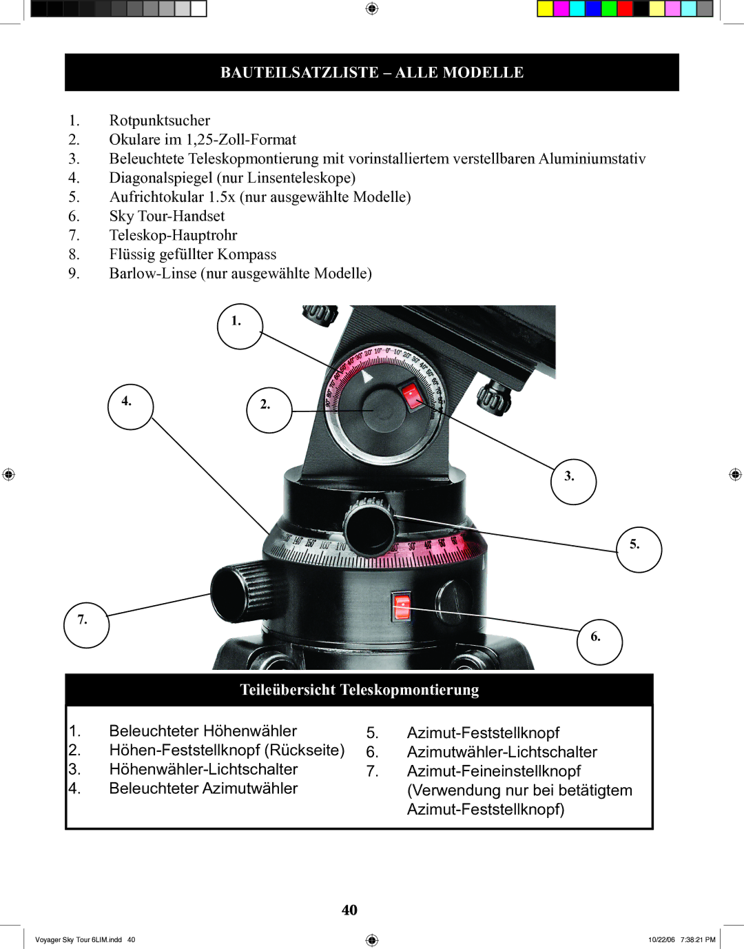 Bushnell 78-9960 instruction manual Bauteilsatzliste Alle Modelle, Teileübersicht Teleskopmontierung 