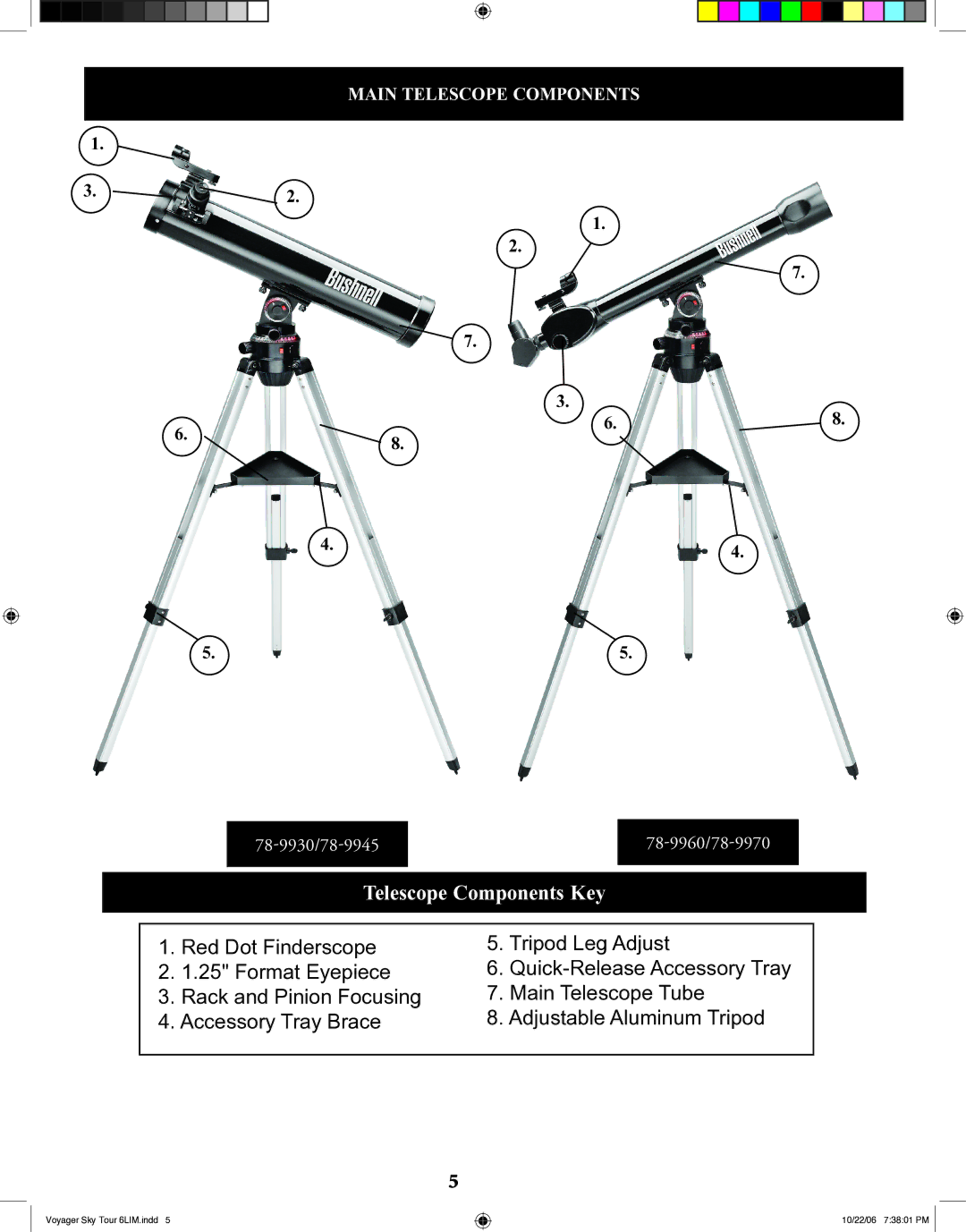 Bushnell 78-9960 instruction manual Telescope Components Key 