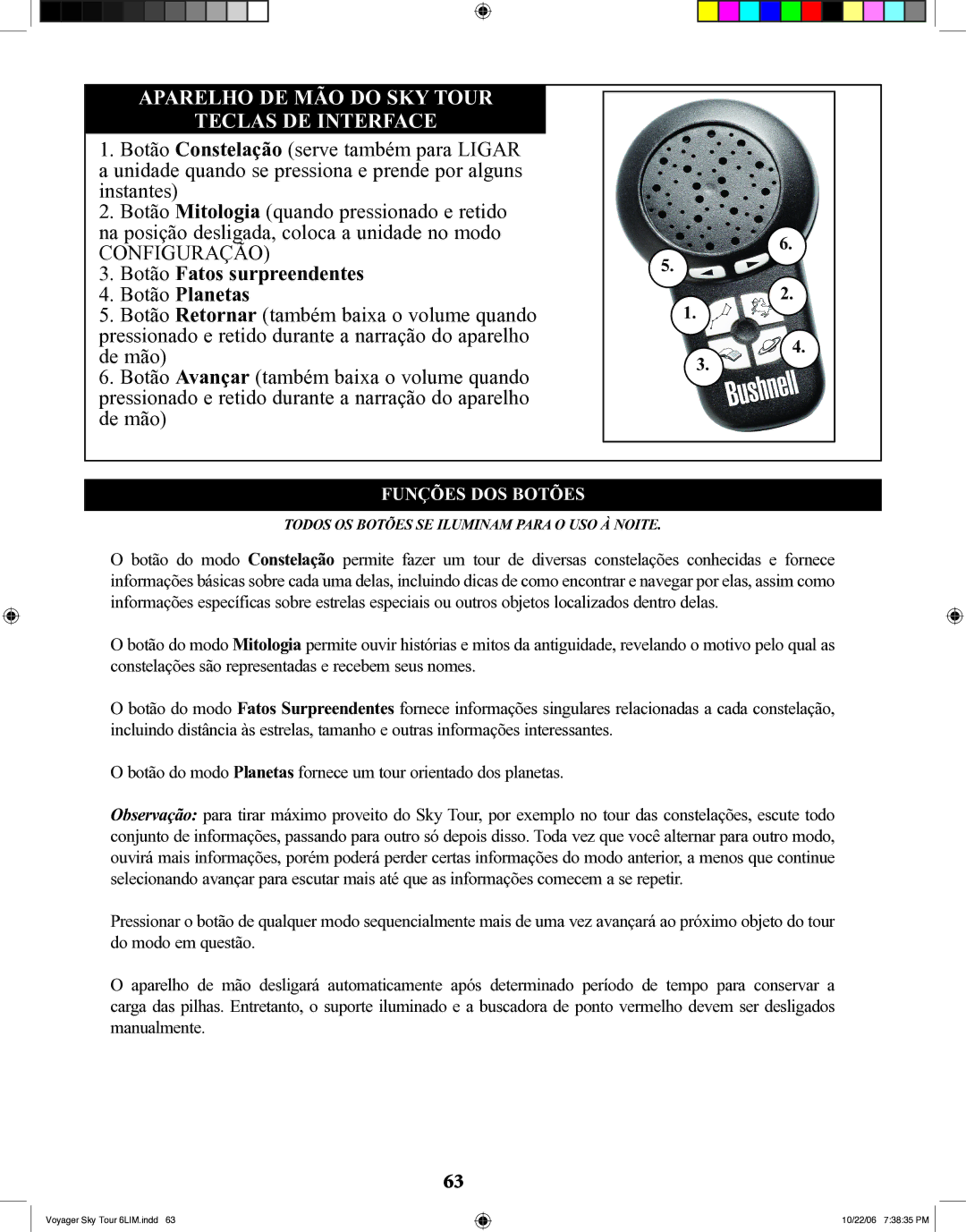 Bushnell 78-9960 instruction manual Aparelho DE MÃO do SKY Tour Teclas DE Interface, Funções DOS Botões 