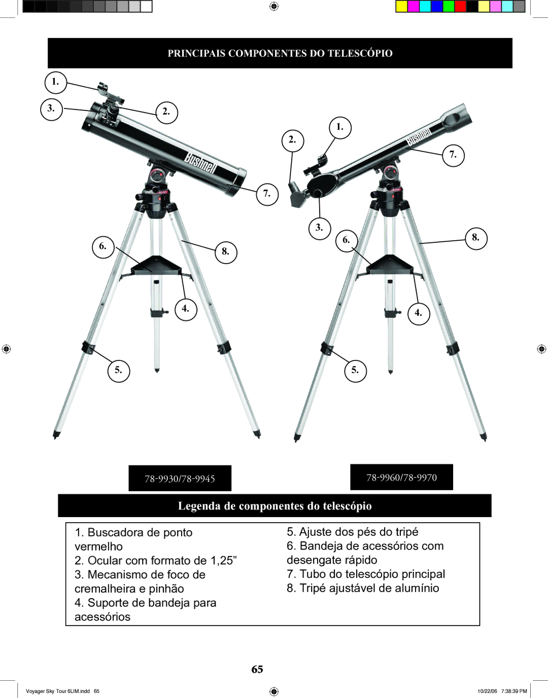 Bushnell 78-9960 instruction manual Principais componentes do telescópio 