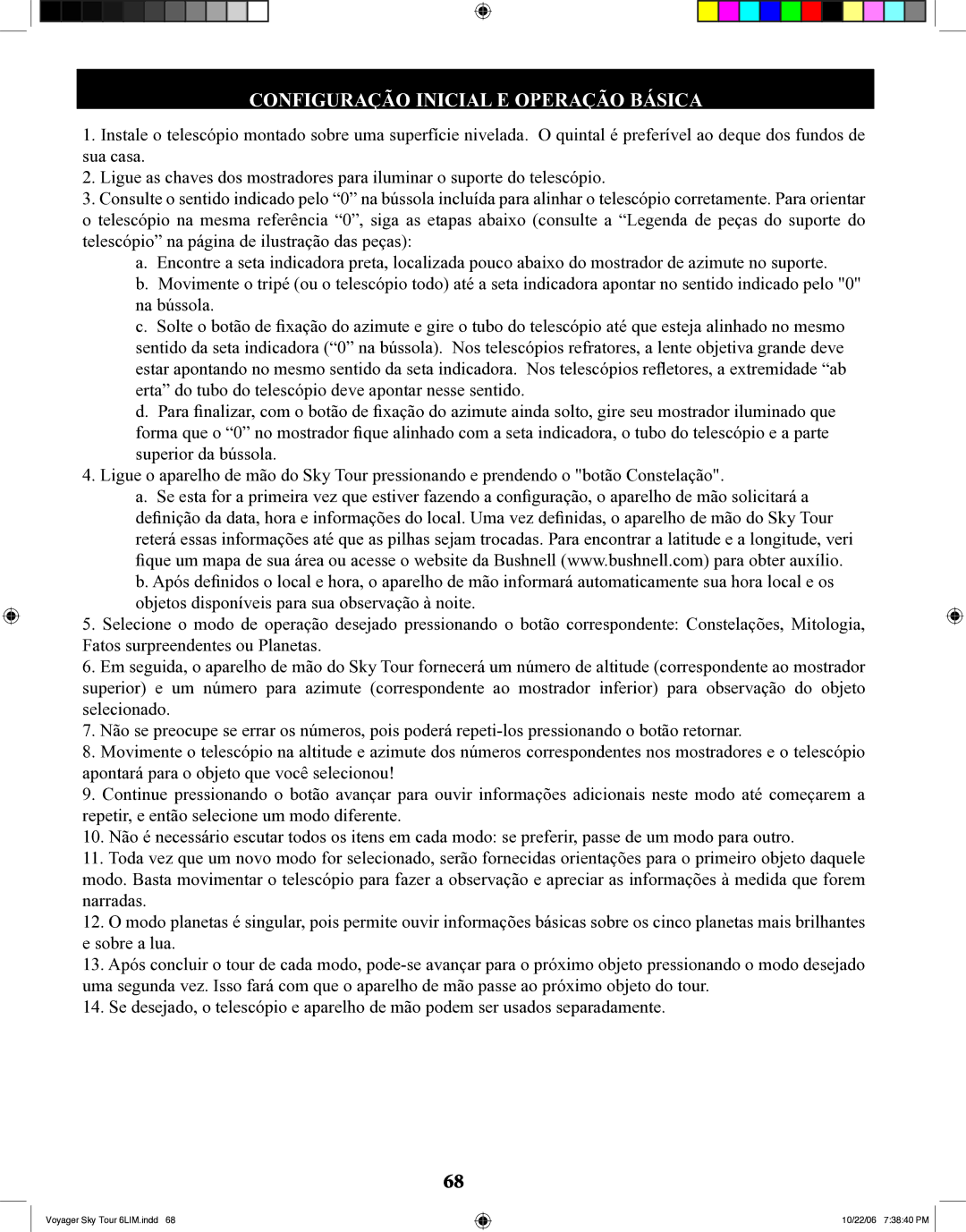 Bushnell 78-9960 instruction manual Configuração Inicial E Operação Básica 