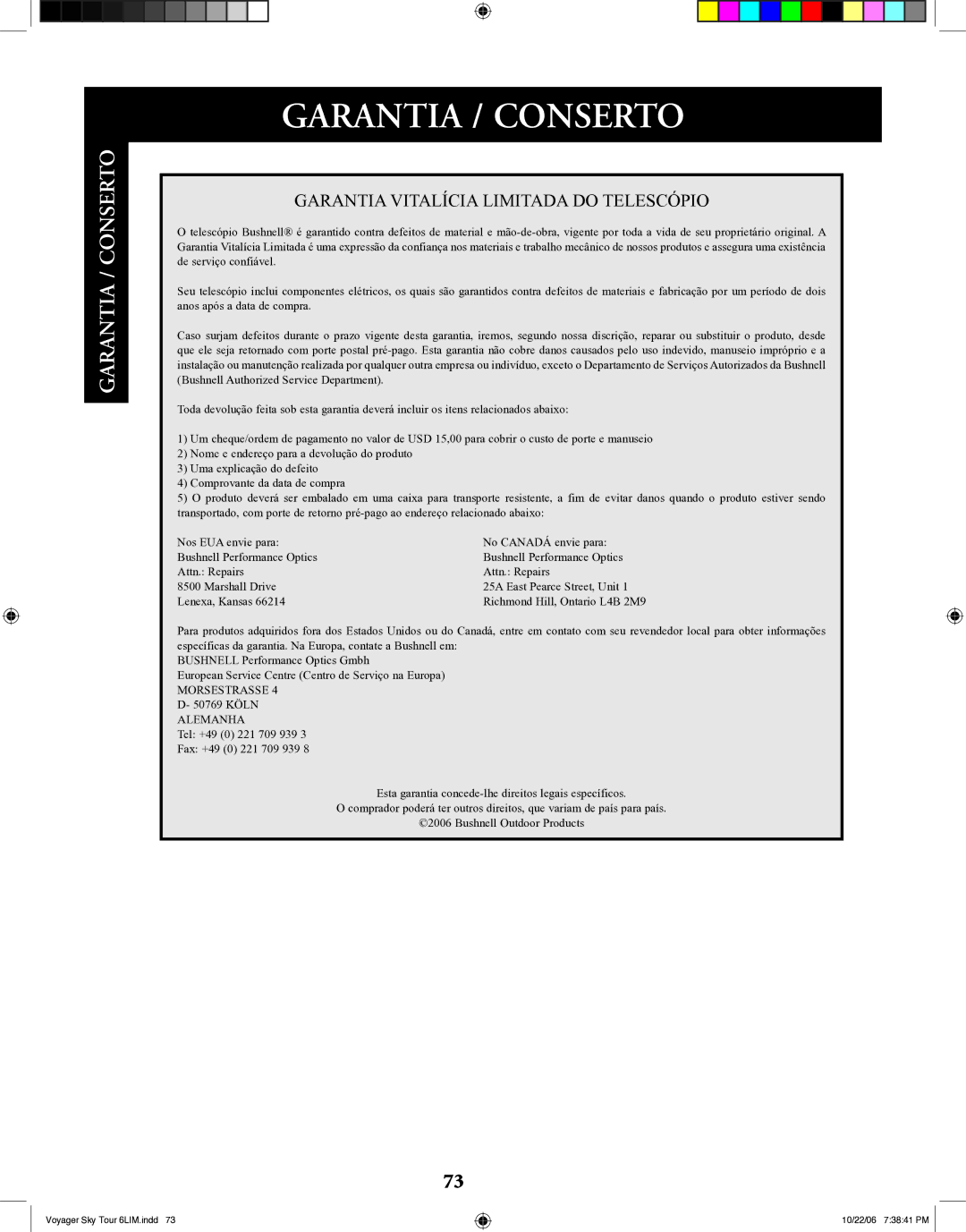 Bushnell 78-9960 instruction manual Garantia / Conserto 