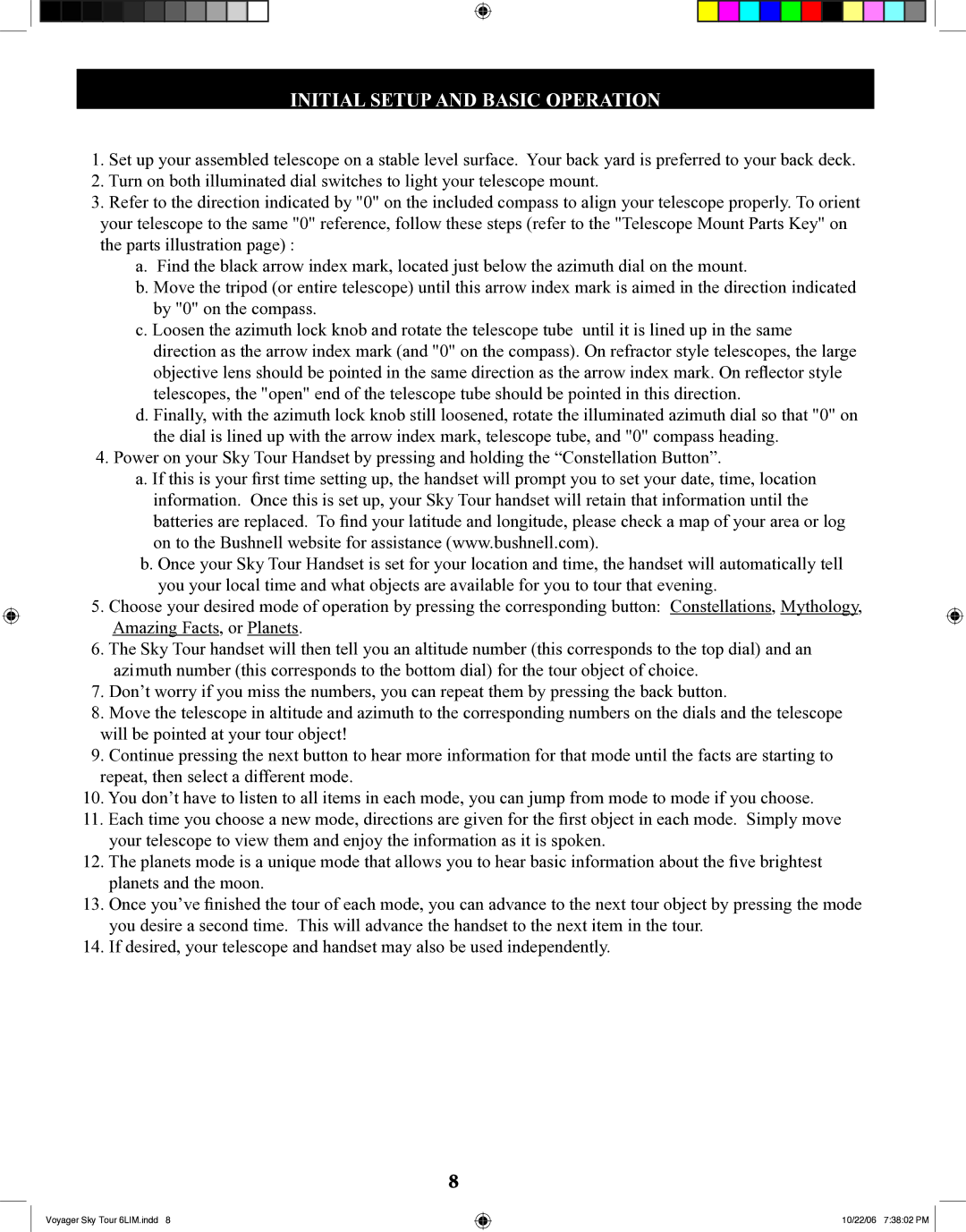 Bushnell 78-9960 instruction manual Initial setup and basic operation 