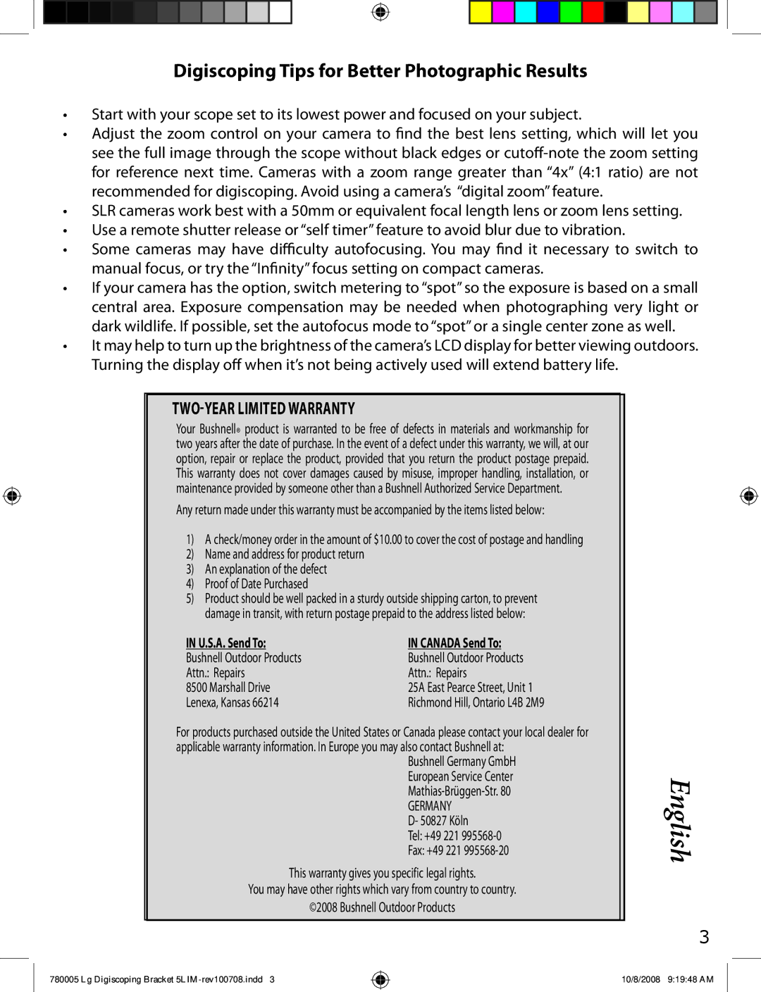 Bushnell 780005 instruction manual English, Digiscoping Tips for Better Photographic Results, TWO-Year Limited Warranty 