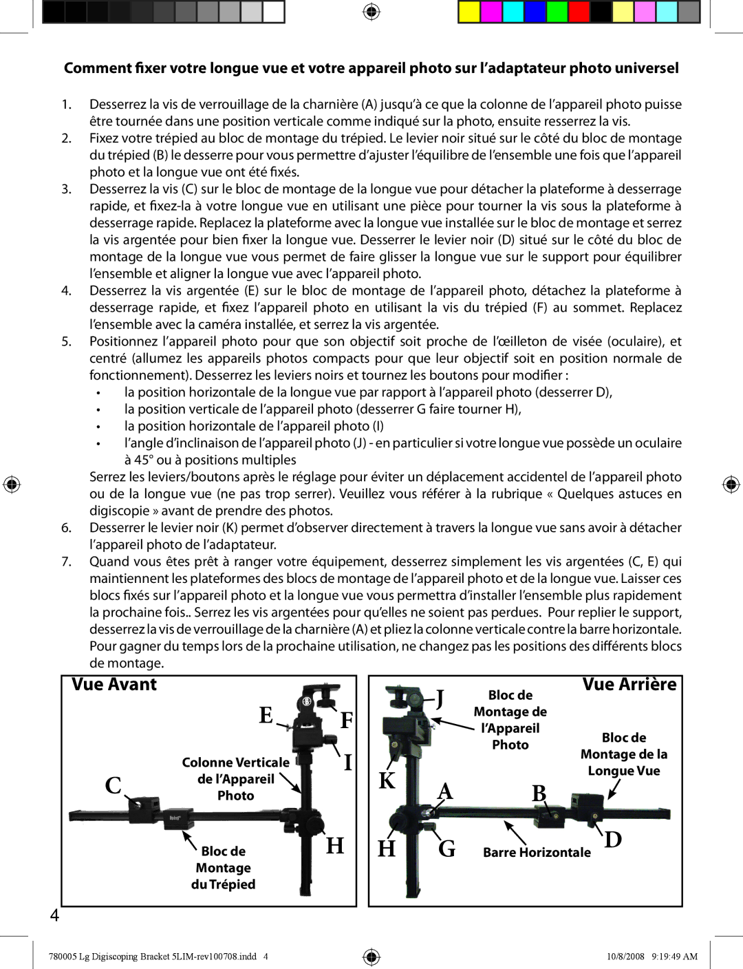 Bushnell 780005 instruction manual Vue Arrière, Vue Avant 