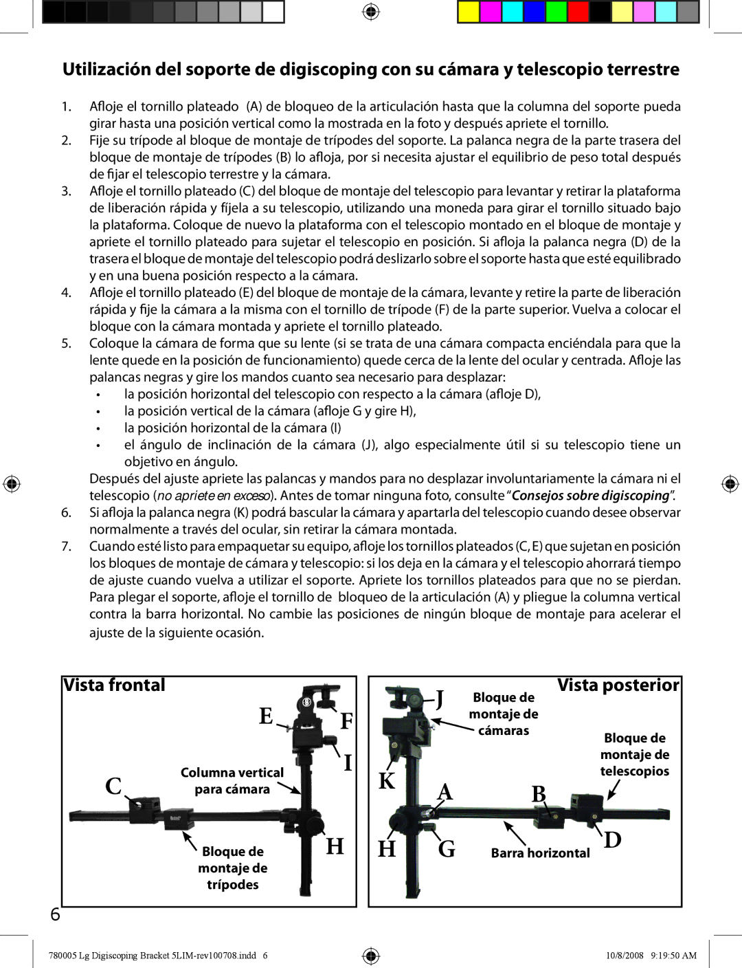 Bushnell 780005 instruction manual Vista frontal, Vista posterior 