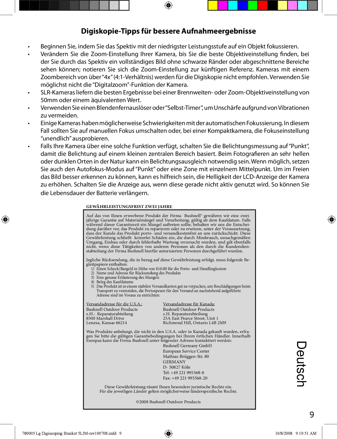 Bushnell 780005 instruction manual Deutsch, Digiskopie-Tipps für bessere Aufnahmeergebnisse 