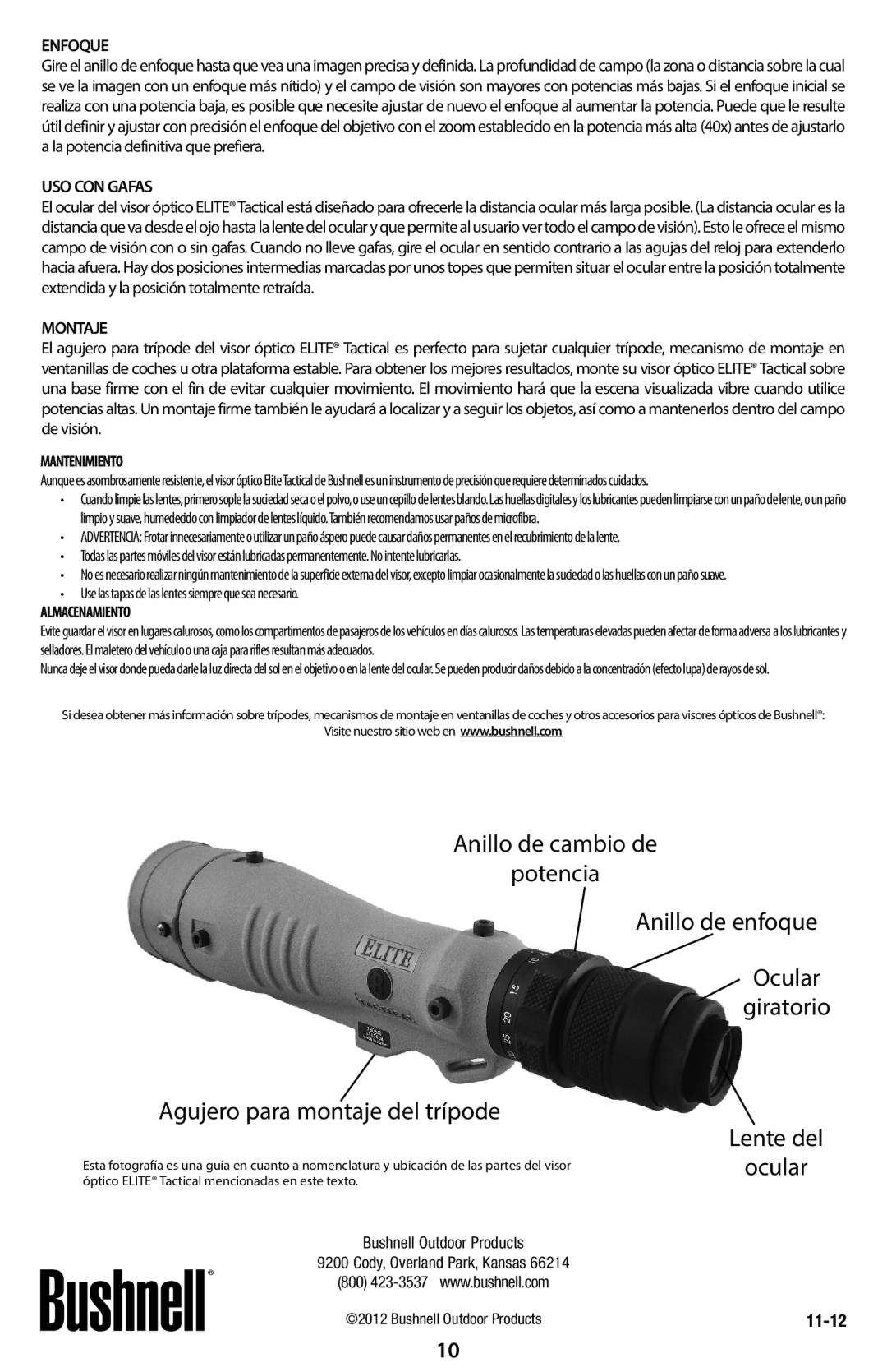 Bushnell 780840, 780841H instruction manual Enfoque, USO CON Gafas, Montaje, Mantenimiento, Almacenamiento 