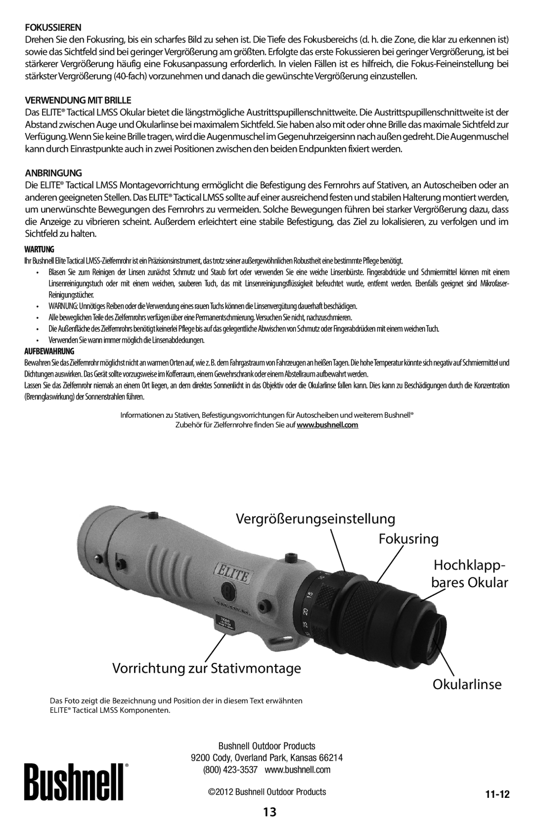 Bushnell 780841H, 780840 instruction manual Vergrößerungseinstellung Vorrichtung zur Stativmontage, Fokusring, Okularlinse 