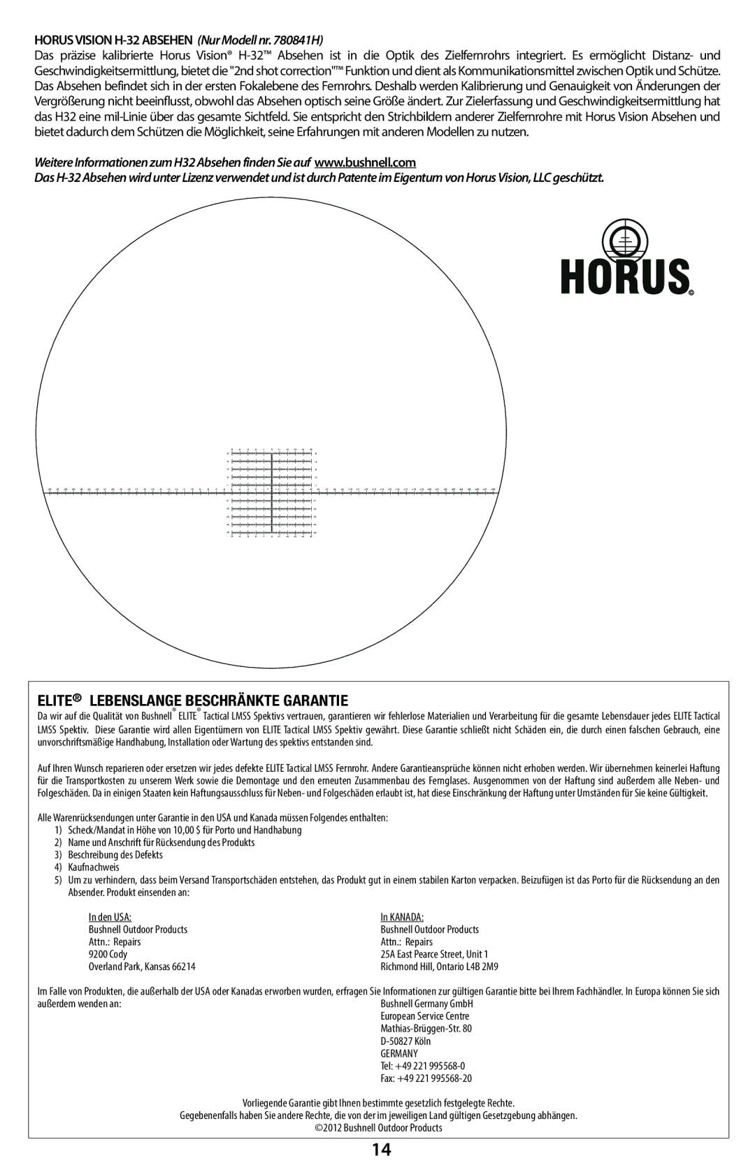 Bushnell 780840, 780841H instruction manual Elite Lebenslange Beschränkte Garantie, Horusvision H-32 Absehen Nur Modell nr H 