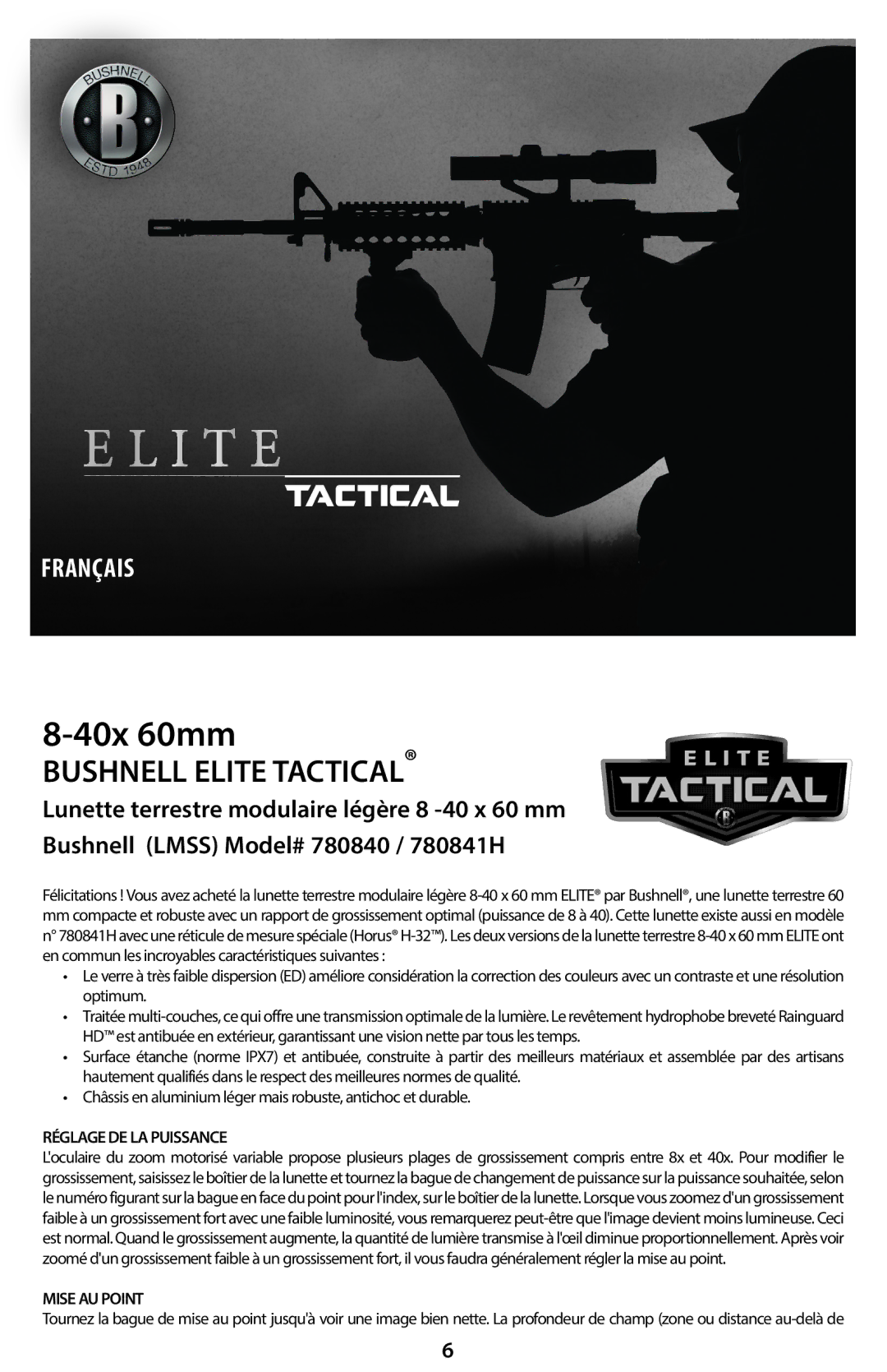 Bushnell 780840, 780841H instruction manual Réglage DE LA Puissance, Mise AU Point 