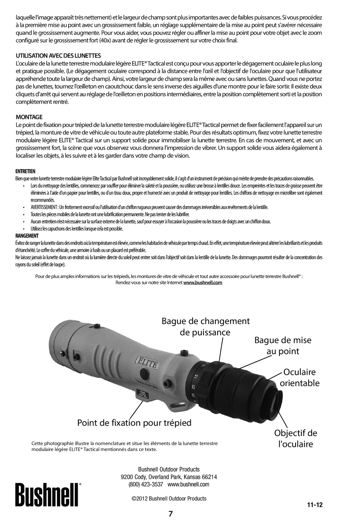 Bushnell 780841H, 780840 Point de fixation pour trépied, Utilisation Avec DES Lunettes, Montage, Entretien, Rangement 