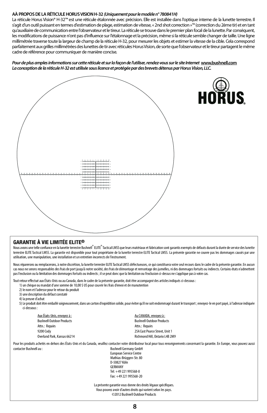 Bushnell 780840, 780841H instruction manual Garantie À VIE Limitée Elite 