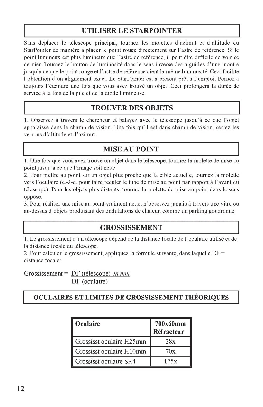 Bushnell 786050 instruction manual Trouver DES Objets, Mise AU Point, Oculaires ET Limites DE Grossissement Théoriques 