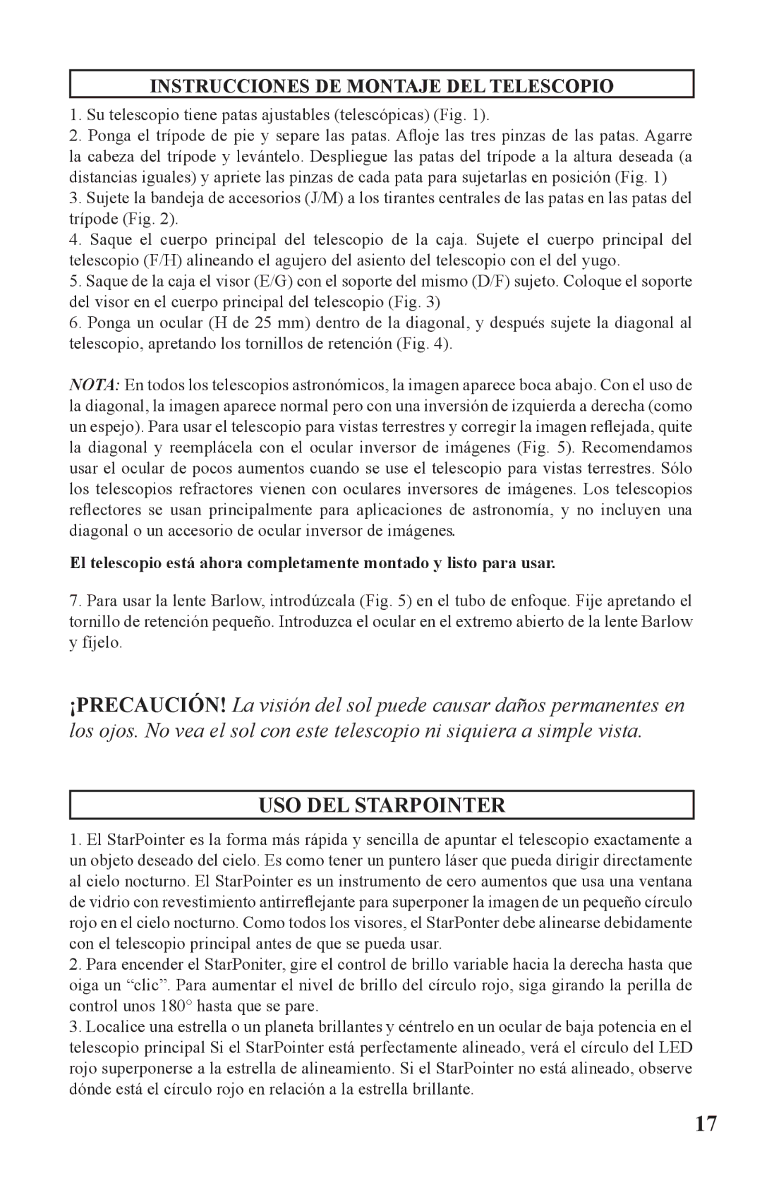 Bushnell 786050 instruction manual USO DEL Starpointer, Instrucciones DE Montaje DEL Telescopio 