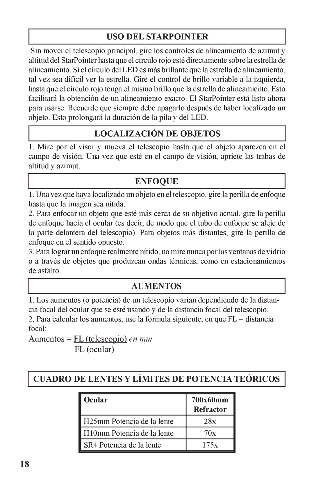 Bushnell 786050 Localización DE Objetos, Enfoque, Aumentos, Cuadro DE Lentes Y Límites DE Potencia Teóricos 