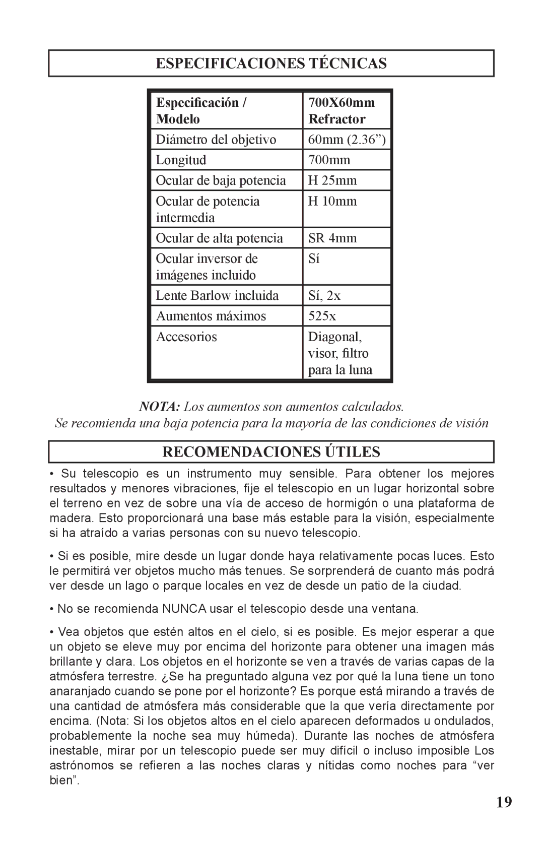 Bushnell 786050 Especificaciones Técnicas, Recomendaciones Útiles, Especificación 700X60mm Modelo Refractor 